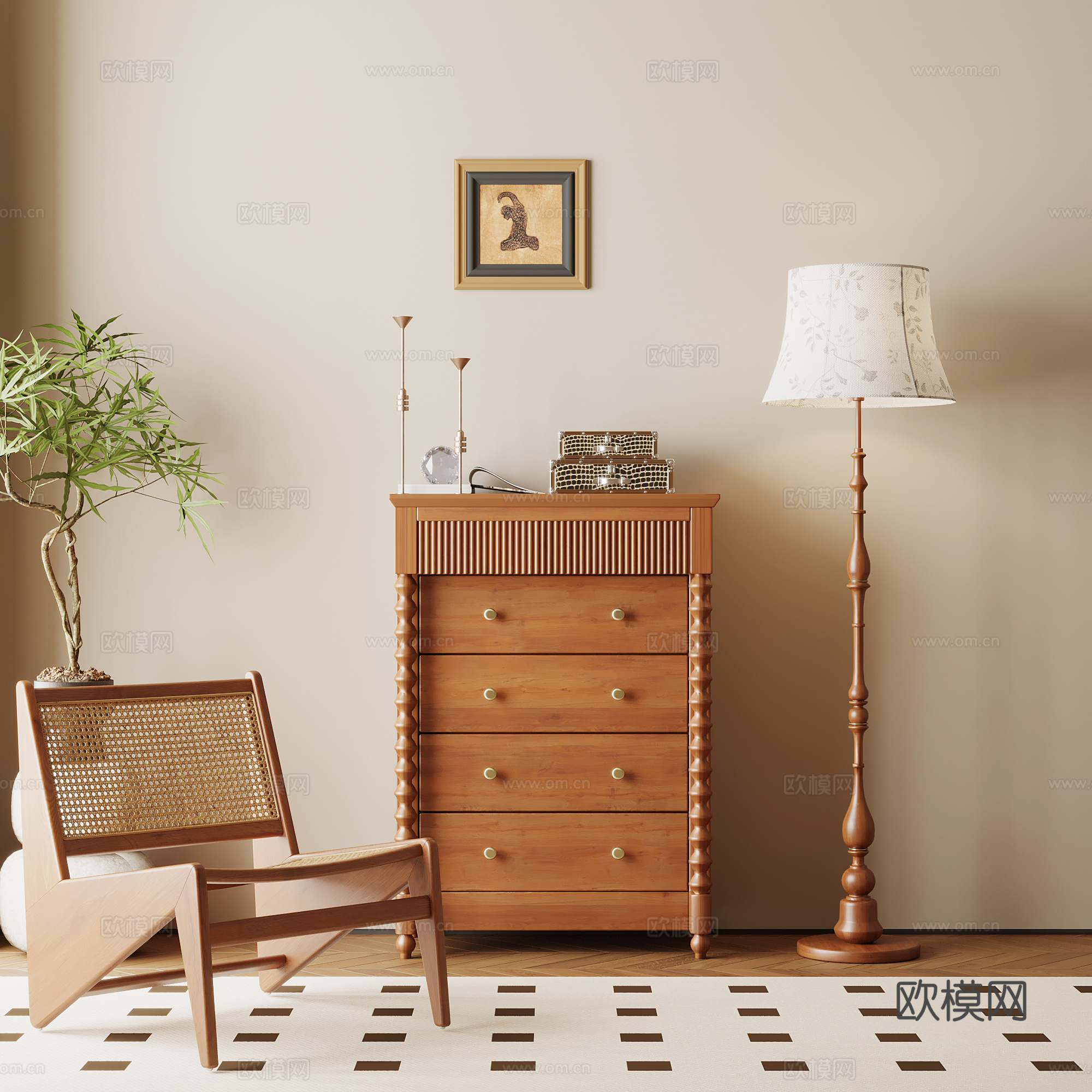 中古风边柜 斗柜 落地灯 休闲椅su模型