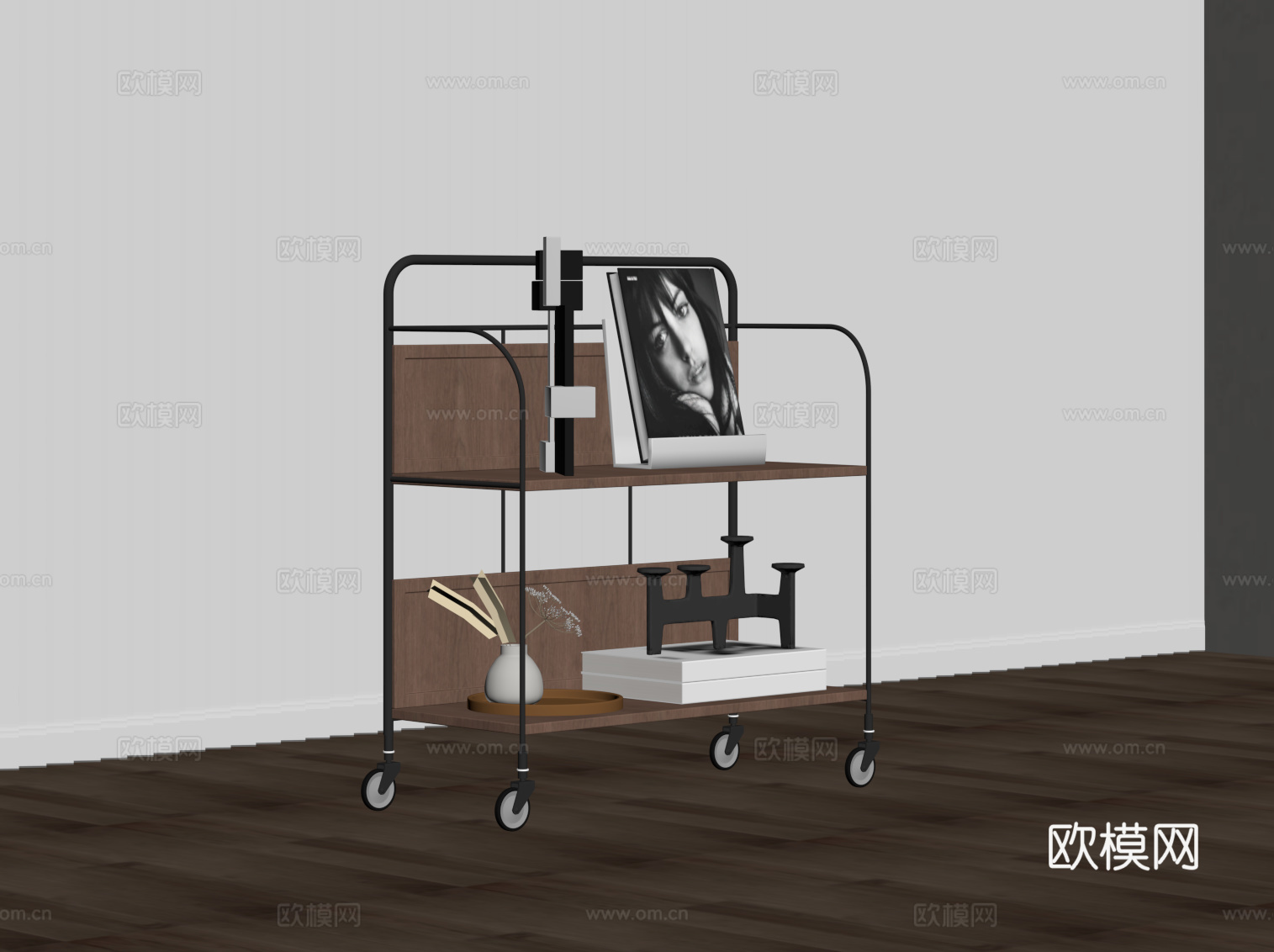 现代中古风边几 小推车su模型