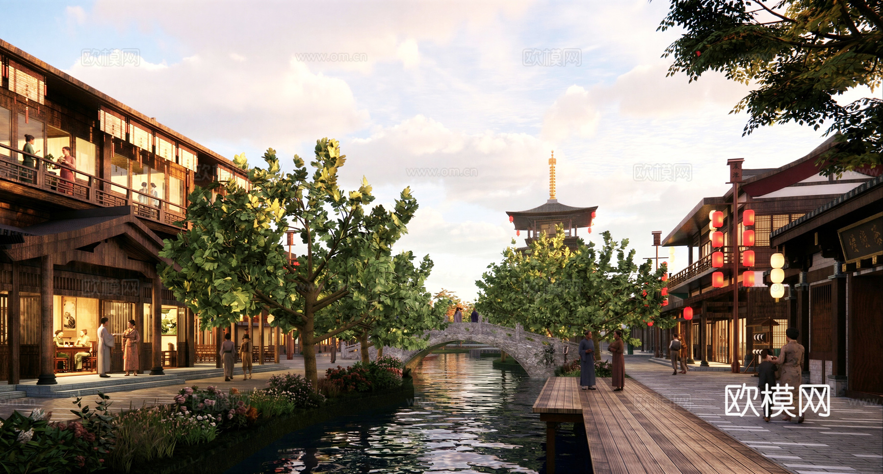 中式复古风情商业街 中式水街su模型