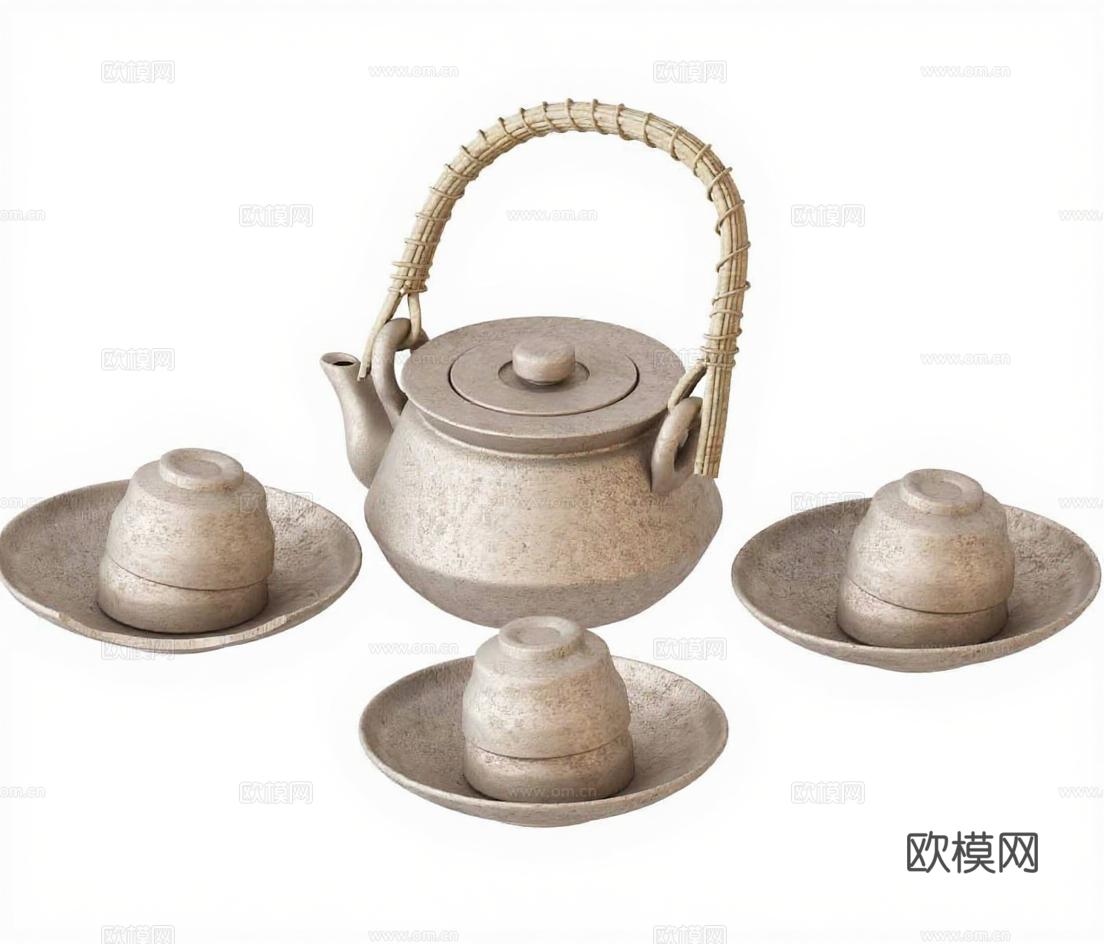 日式粗陶茶具套装 手工侘寂风茶壶茶杯 禅意家居装饰茶器免费3d模型下载