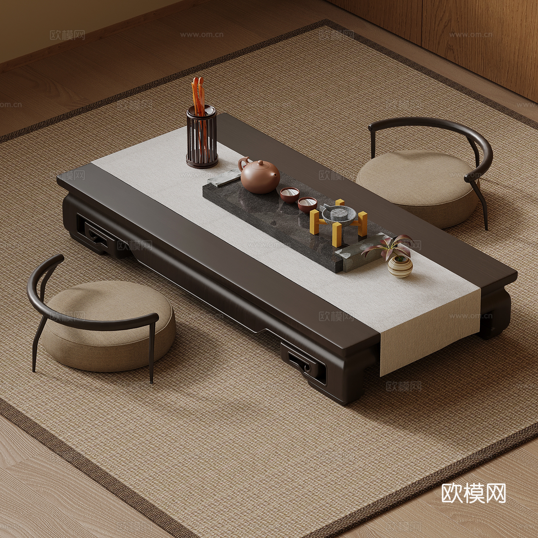 新中式茶桌椅 小茶台su模型