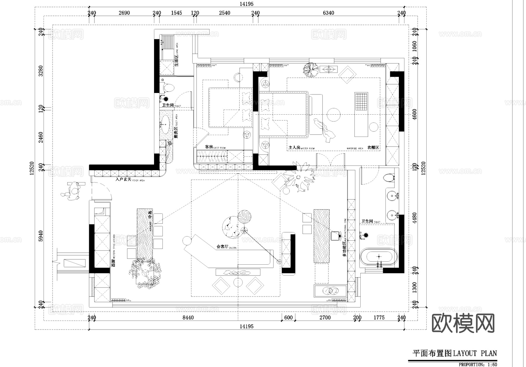 两室一厅两卫室内家装平面图CAD施工图cad施工图