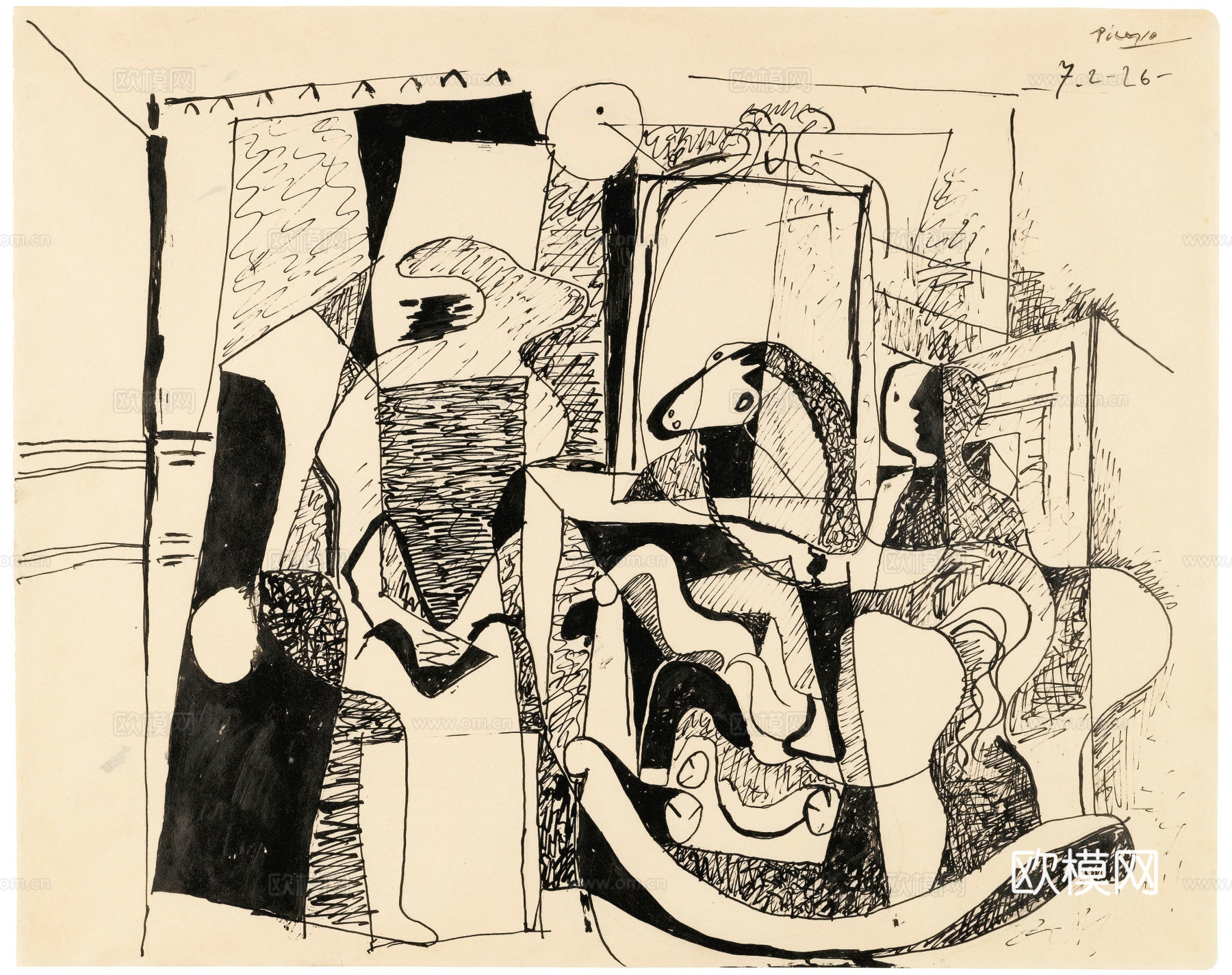 毕加索立体主义绘画作品，现代抽象画，世界经典名画，抽象素描画下载