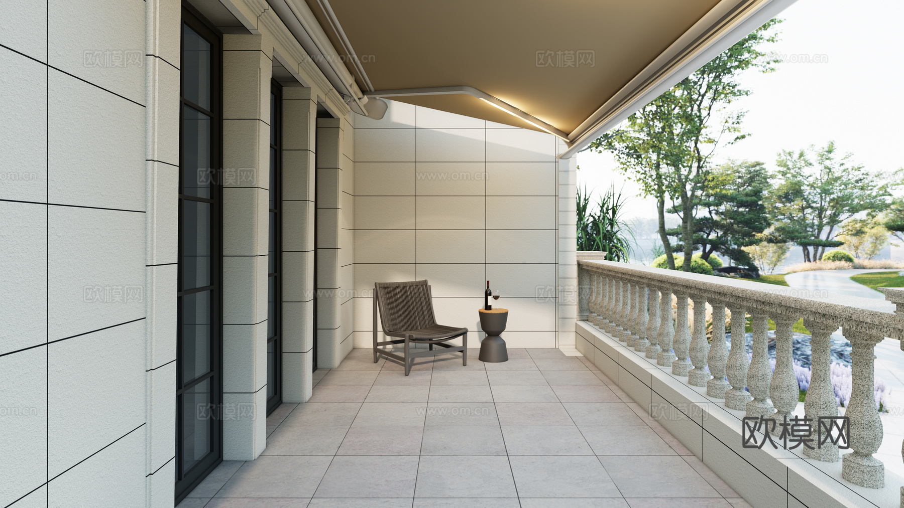 现代法式阳台 门窗电动智能遮阳棚 户外休闲椅 圆形茶几su模型