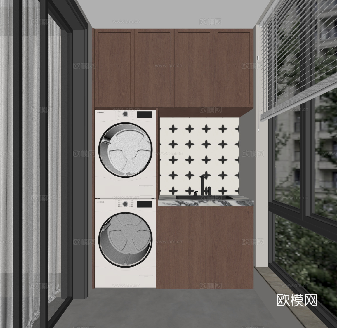 中古风阳台柜 洗衣机柜su模型