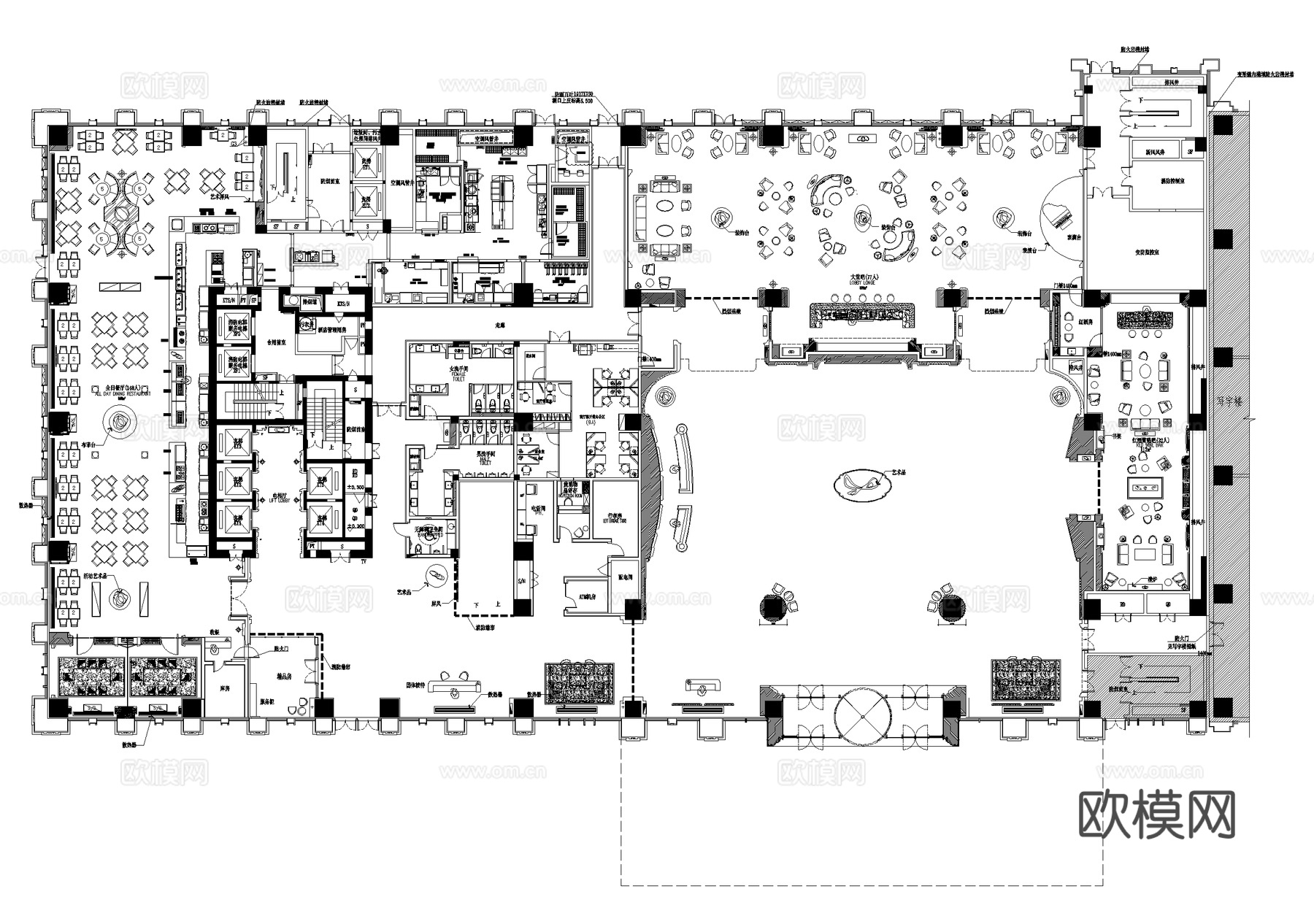 酒店首层大堂餐厅室内工装平面图库CAD施工图集cad施工图