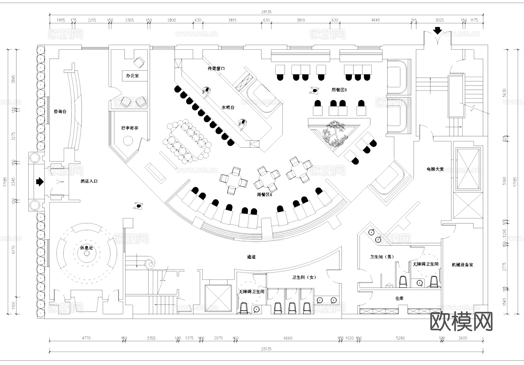 酒店首层大堂餐厅室内工装平面图CAD施工图cad施工图