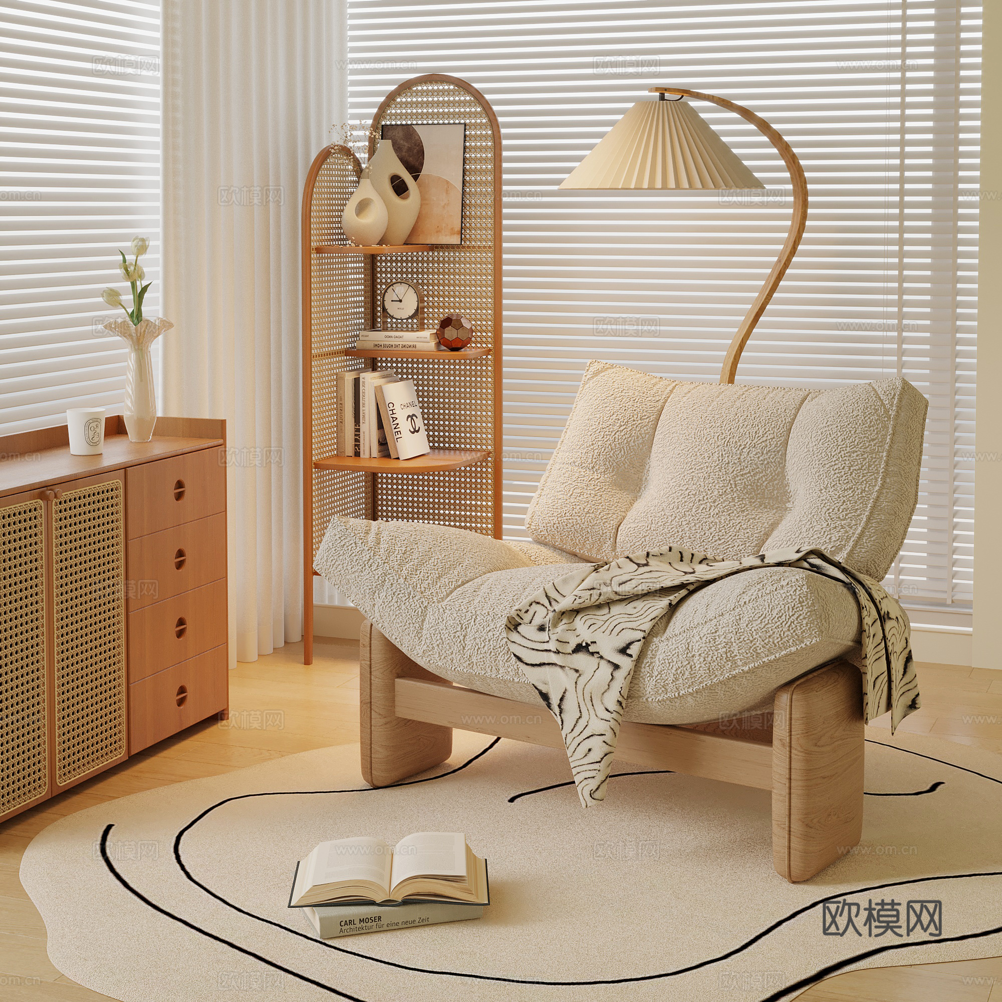 侘寂中古休闲椅 边柜 休闲角落su模型