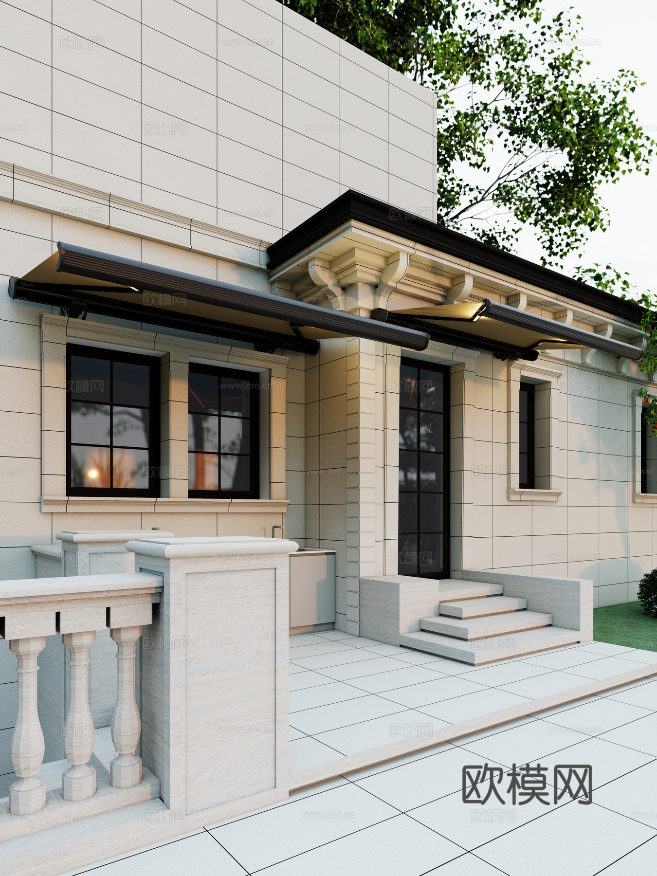 现代 法式建筑 门窗 户外智能电动遮阳篷su模型
