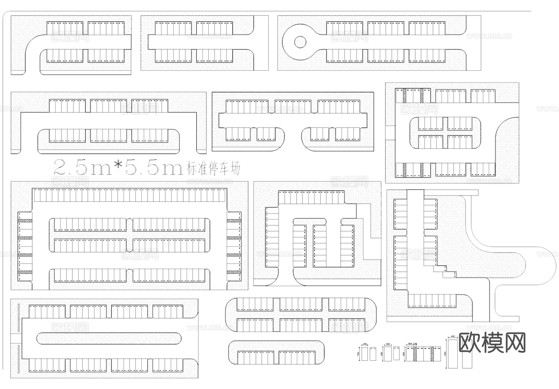 2.5m×5.5m标准停车场平面图块图库cad施工图