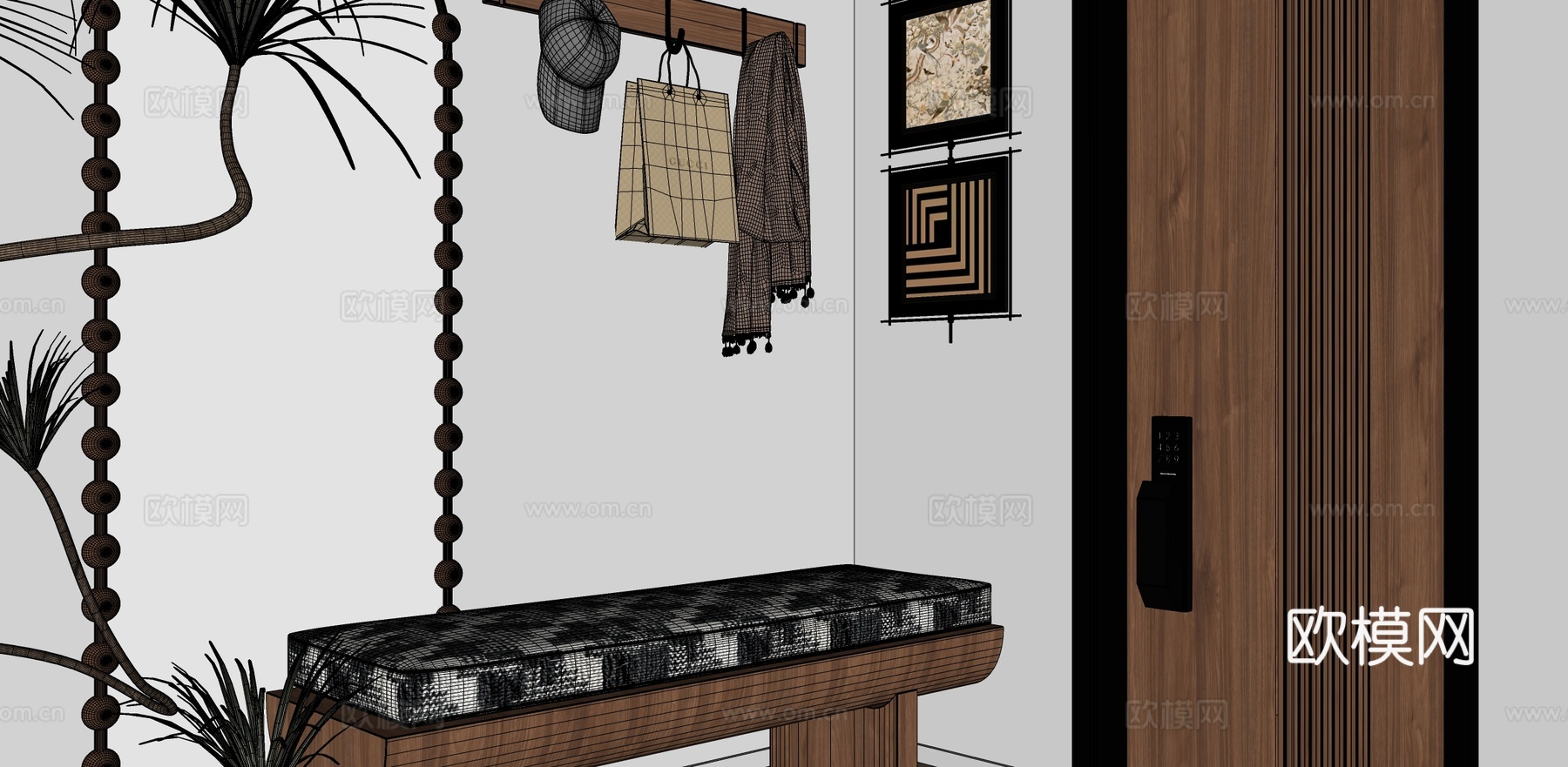 全身镜换鞋凳挂衣杆su模型