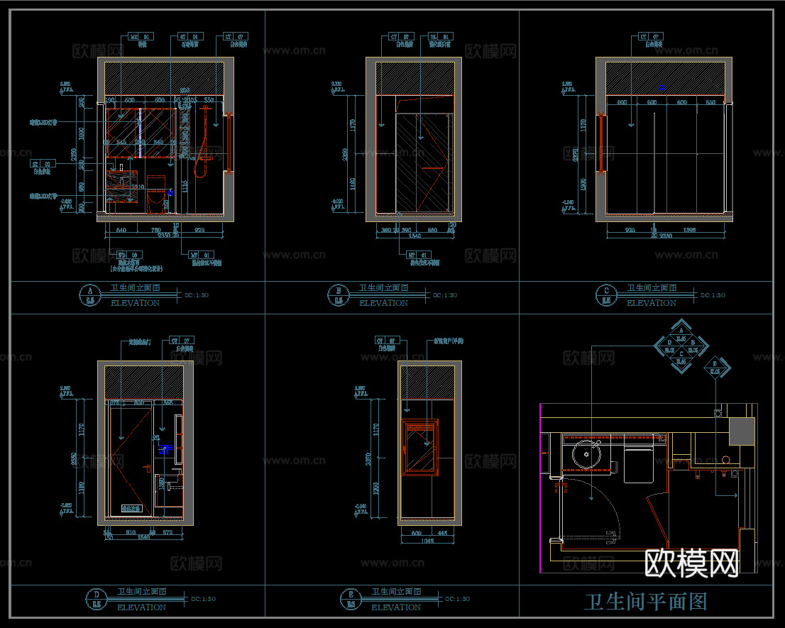 石材墙面节点 卫浴节点  卫生间平面立面图 现代卫生间布局图cad施工图
