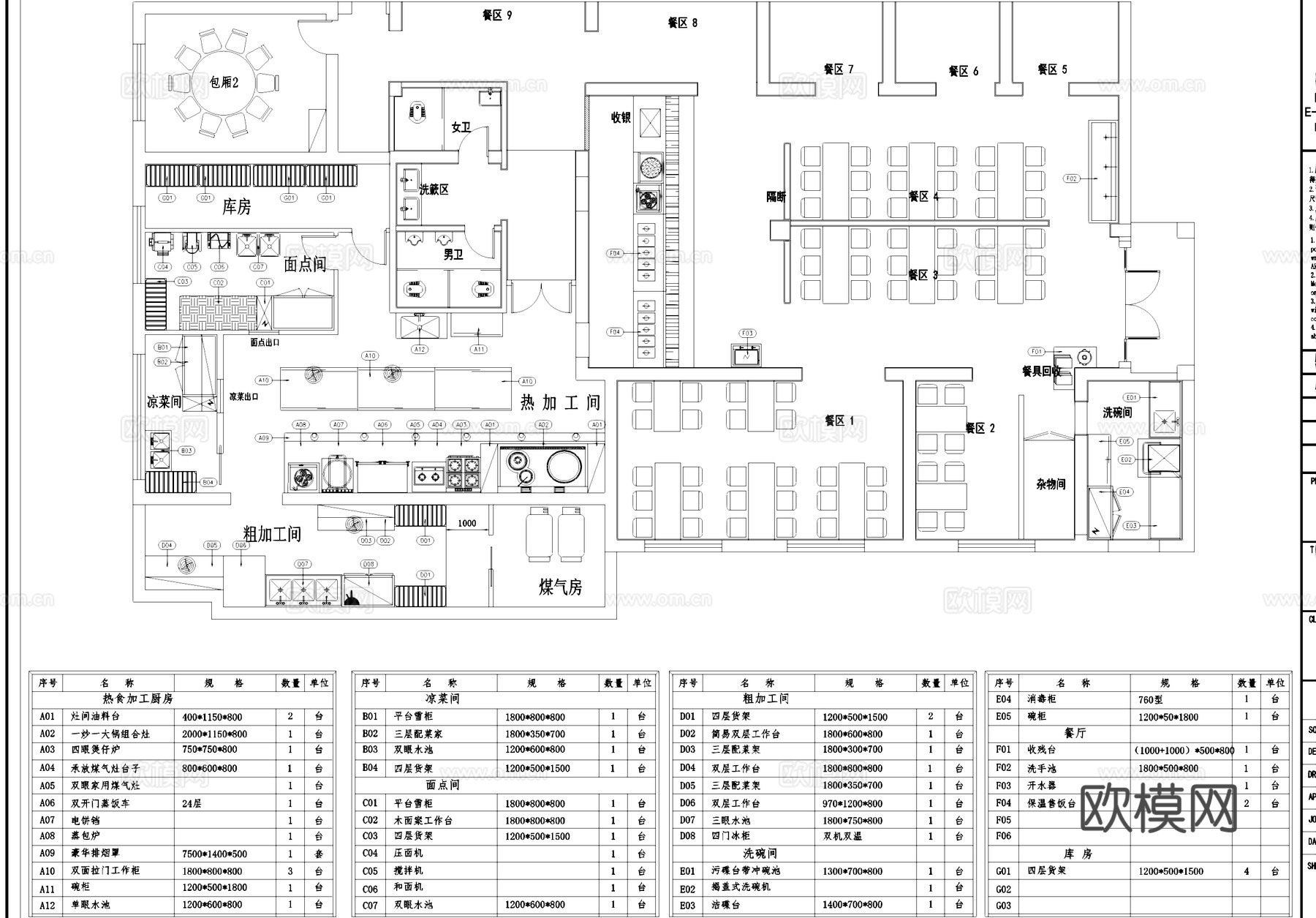 餐饮餐厅酒店商用厨房设备平面图室内工装CAD施工图集cad施工图