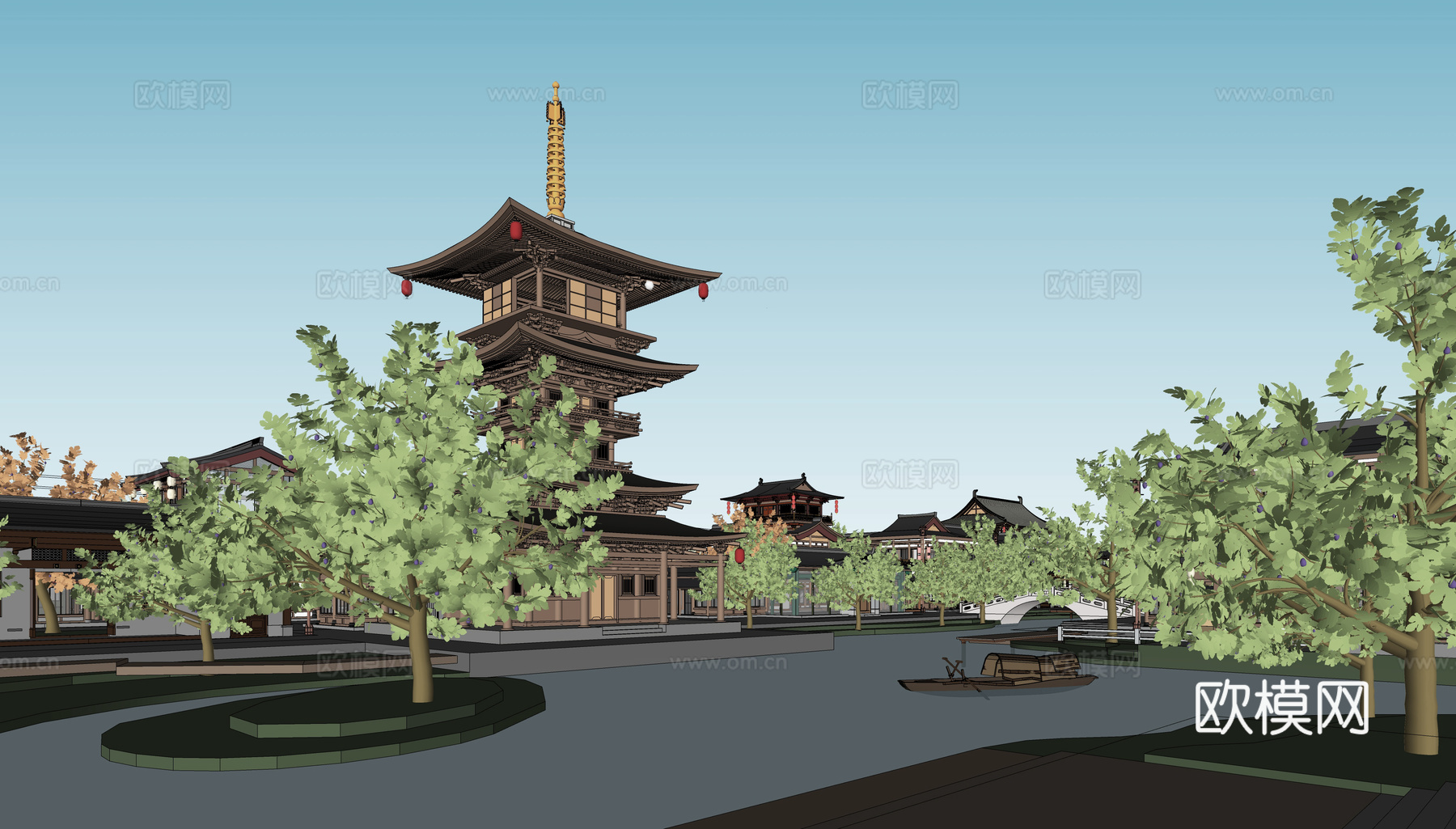 中式商业街 中式水街su模型