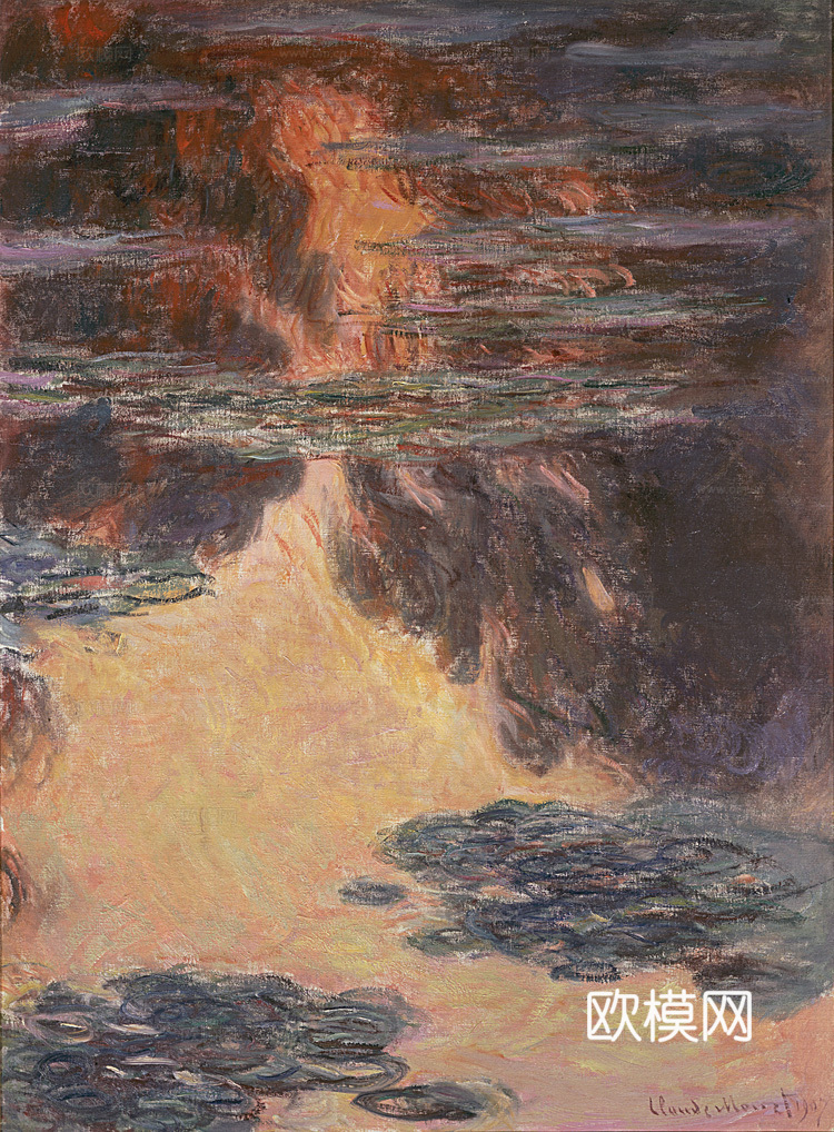 莫奈印象派绘画作品，世界经典名画253睡莲 晚间效果