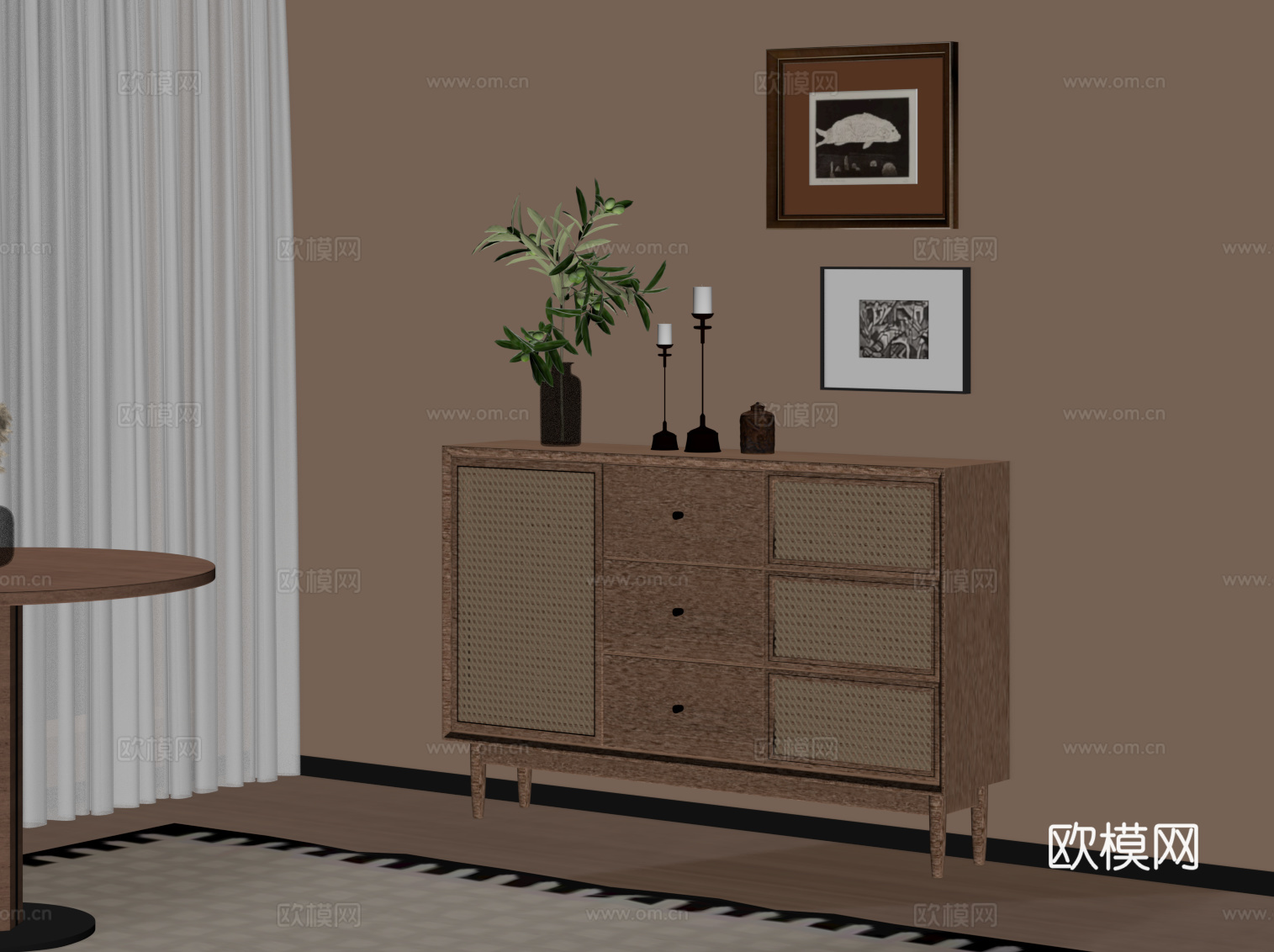 中古风玄关柜 边柜 端景柜 斗柜su模型