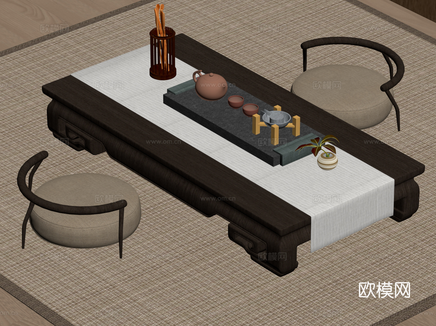 新中式茶桌椅 小茶台su模型
