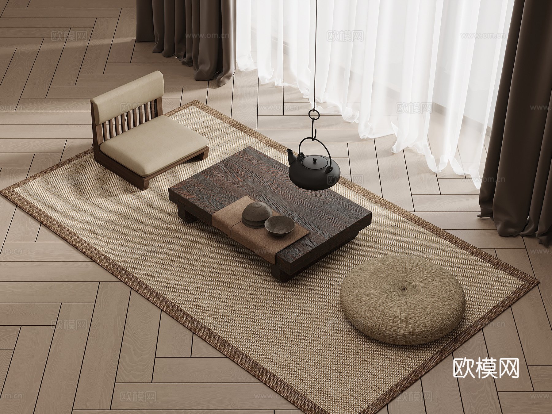 新中式榻榻米茶桌椅su模型