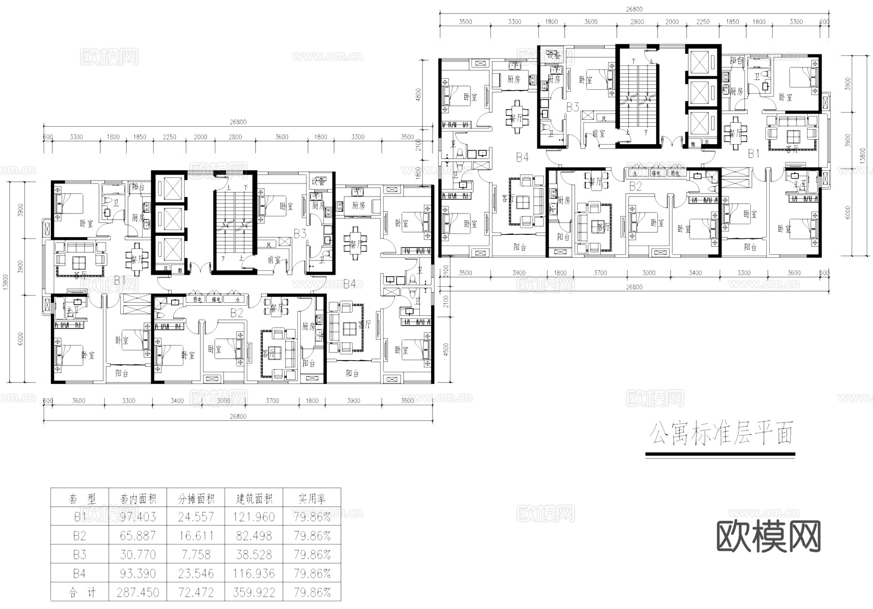 公寓标准层户型图建筑平面CAD施工图cad施工图
