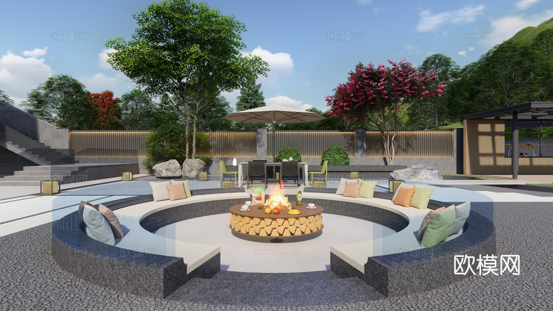 现代庭院花园 下沉圆形 弧形卡座 火炉 餐桌椅 遮阳伞su模型