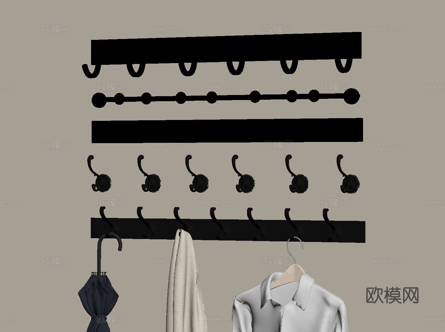现代挂钩 挂衣板 墙饰su模型