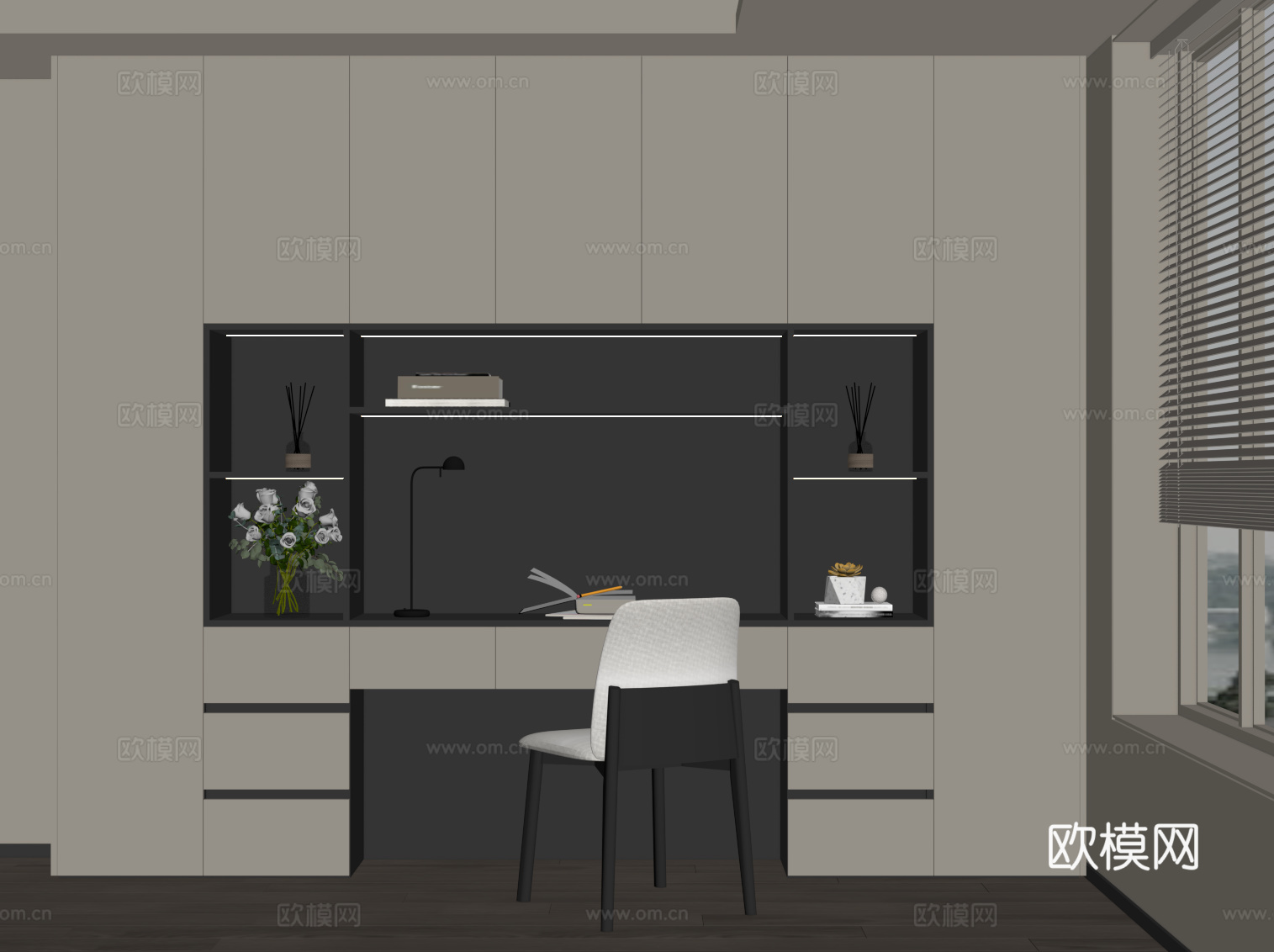 现代书桌椅 一体柜su模型