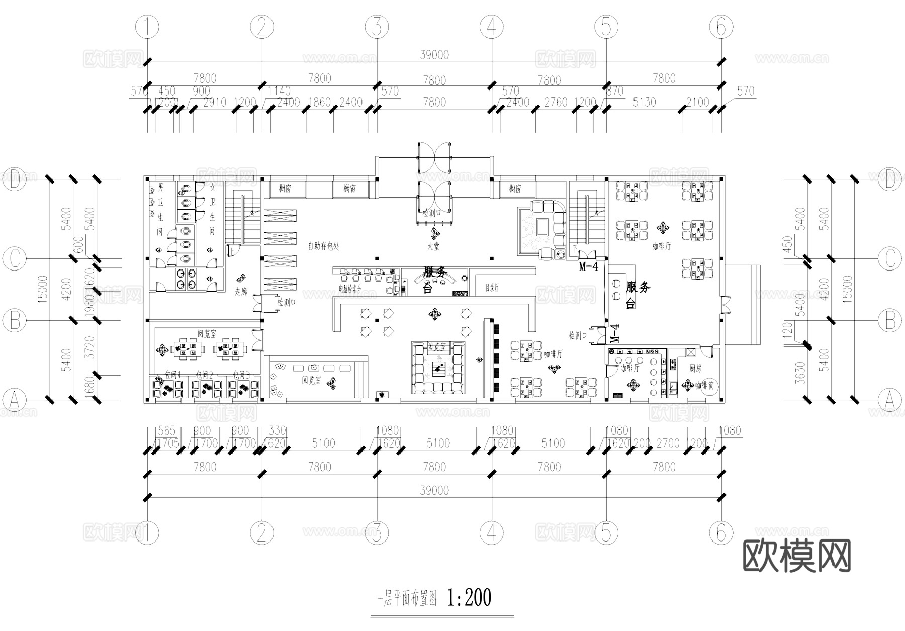 二层有氧书吧室内工装CAD施工图cad施工图