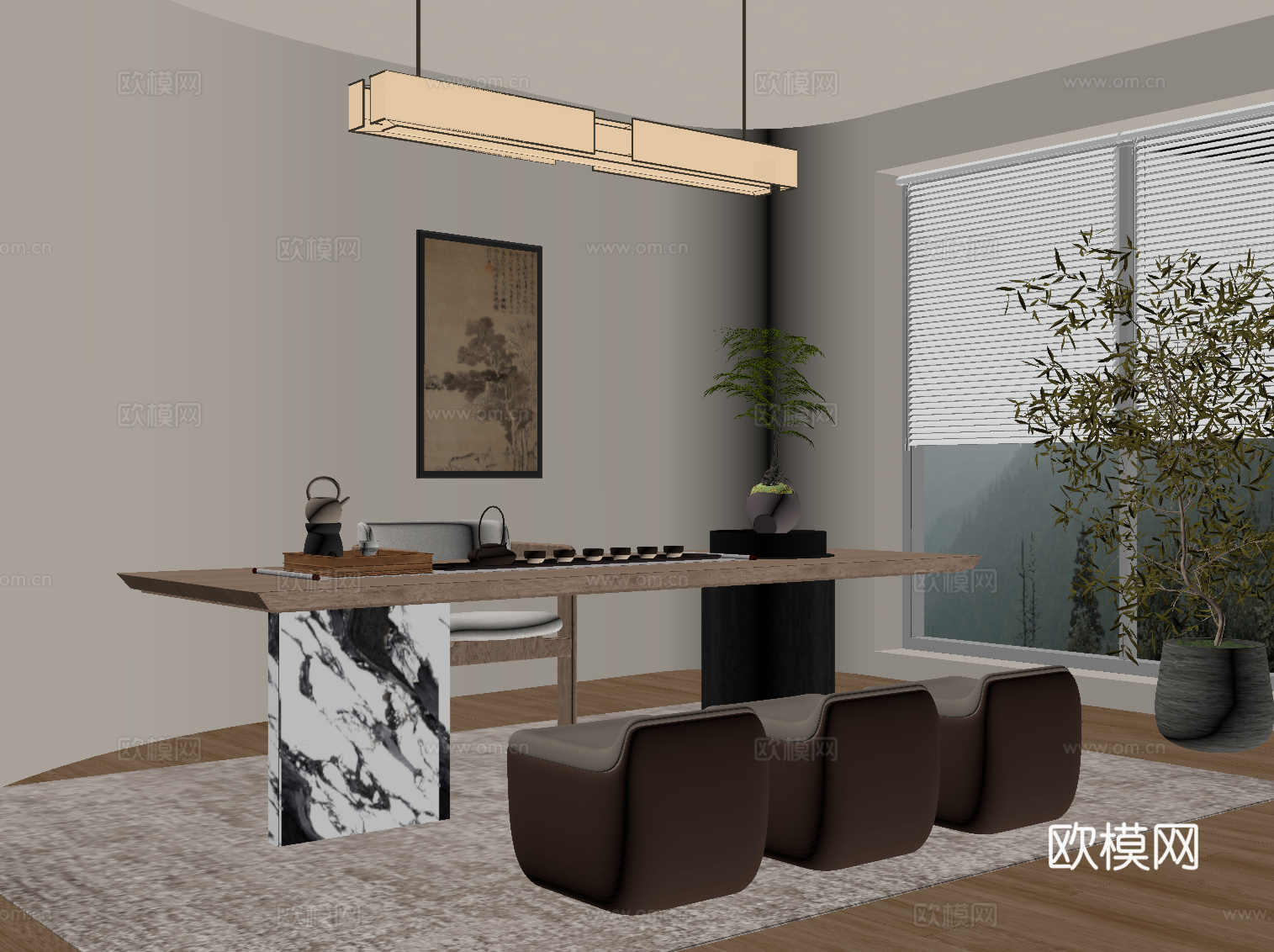 新中式茶桌椅 茶台su模型