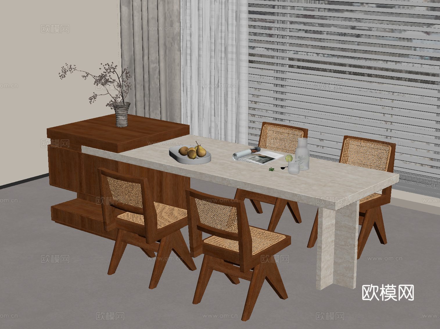 中古风岛台 餐桌椅su模型