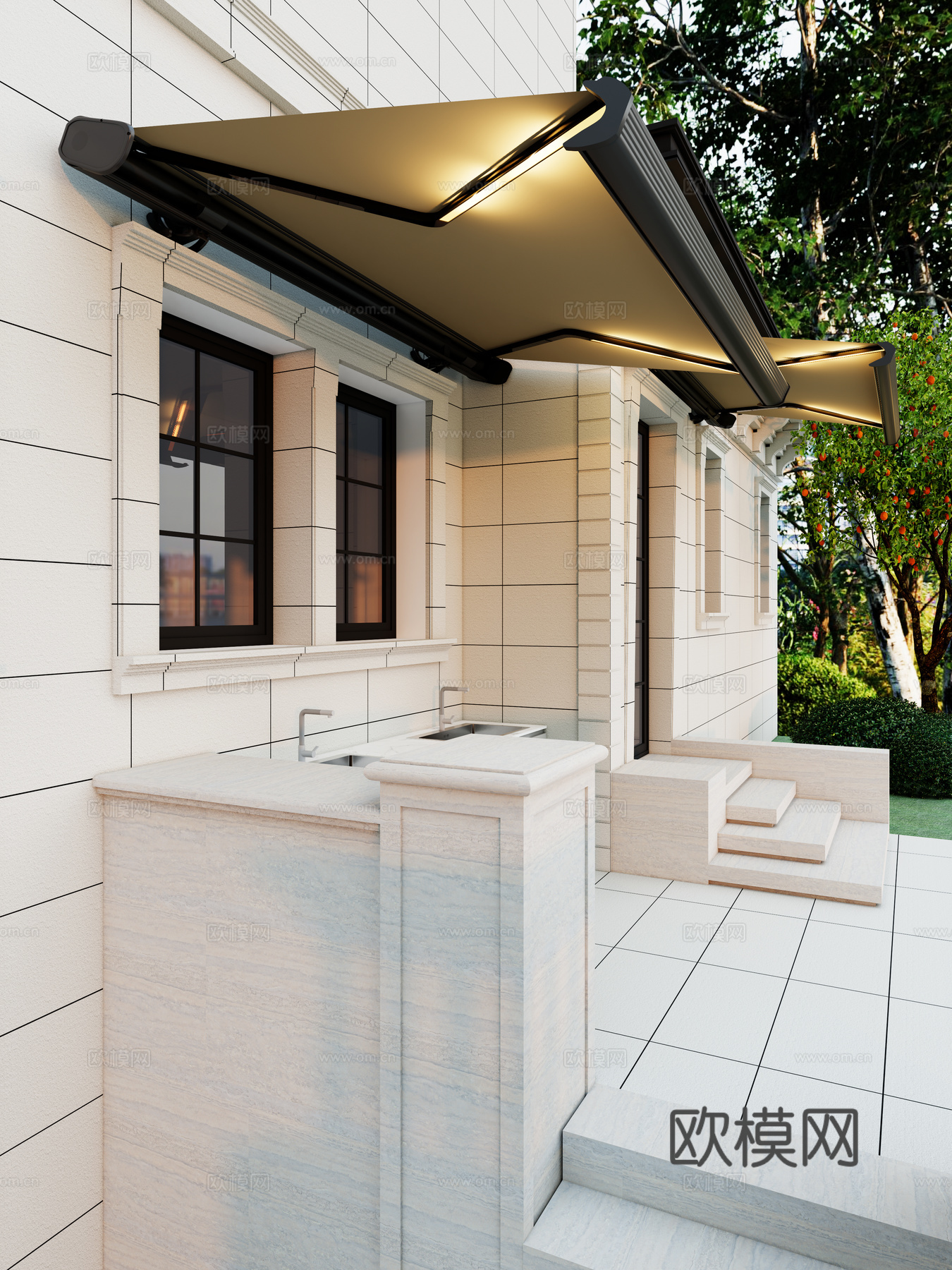 现代 法式建筑 门窗 户外智能电动遮阳篷su模型