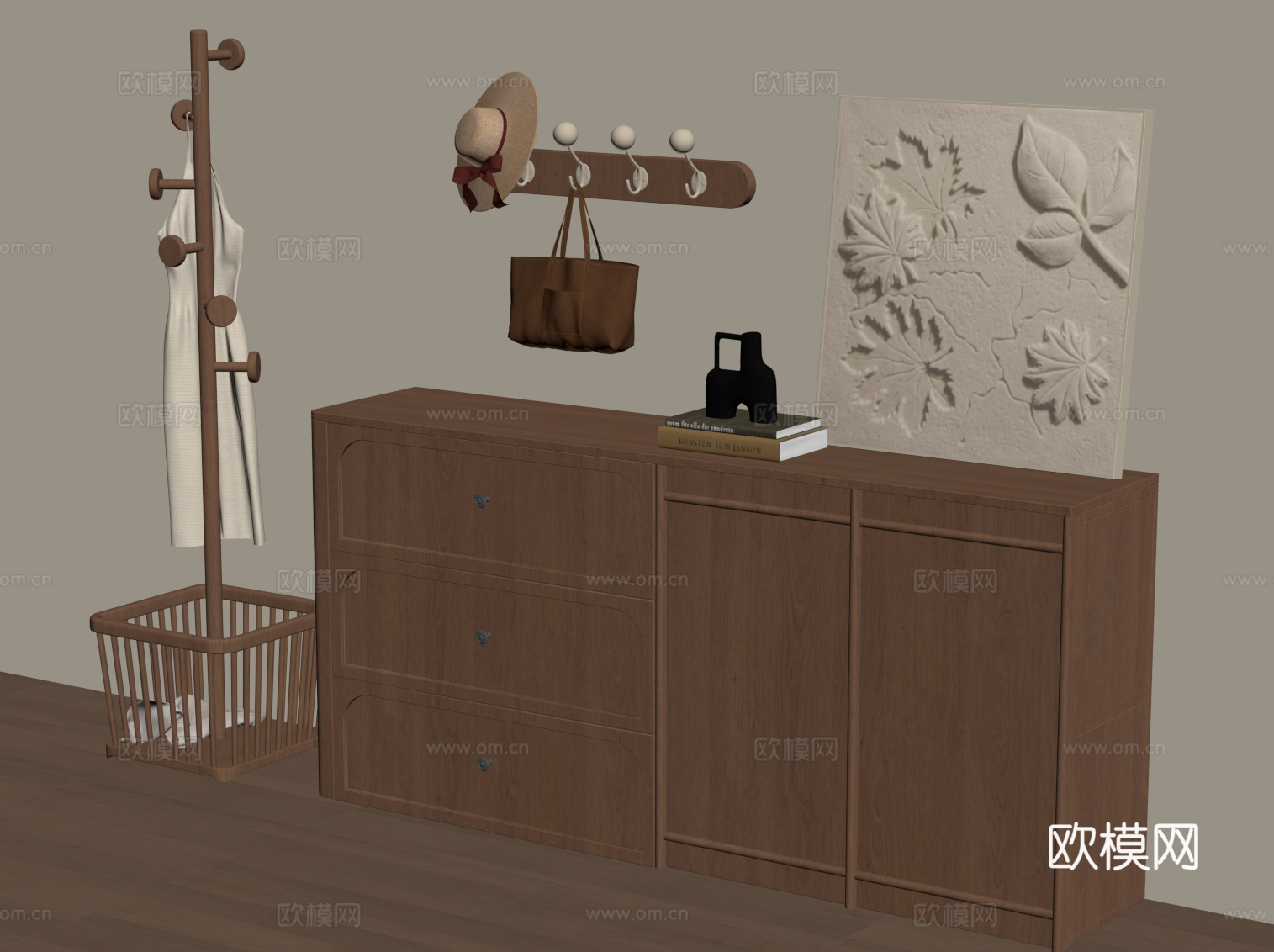 侘寂中古玄关 玄关柜 挂衣架 挂钩su模型