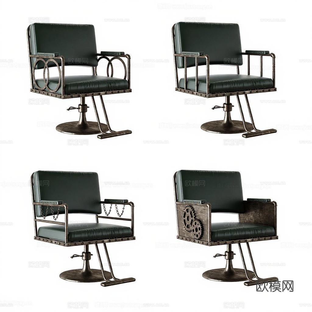 工业风理发椅设计 蒸汽朋克风格美发椅 深绿色皮革座椅 复古金属框架理发店家具免费3d模型下载