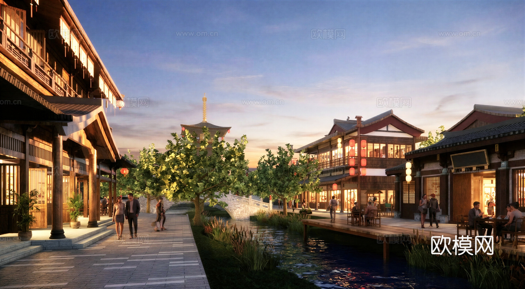 中式复古风情商业街 中式水街su模型