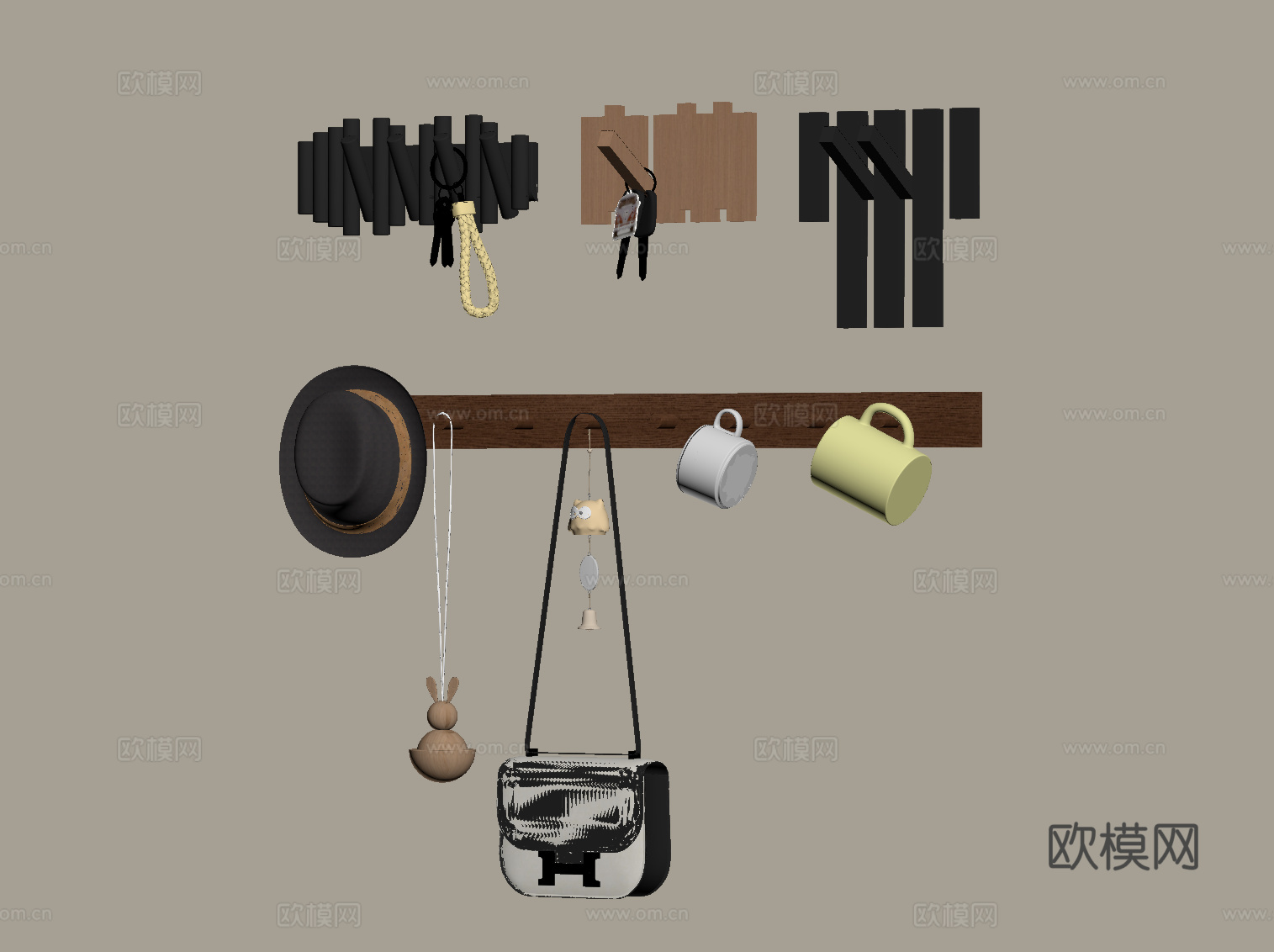 现代挂钩 挂衣板 墙饰su模型