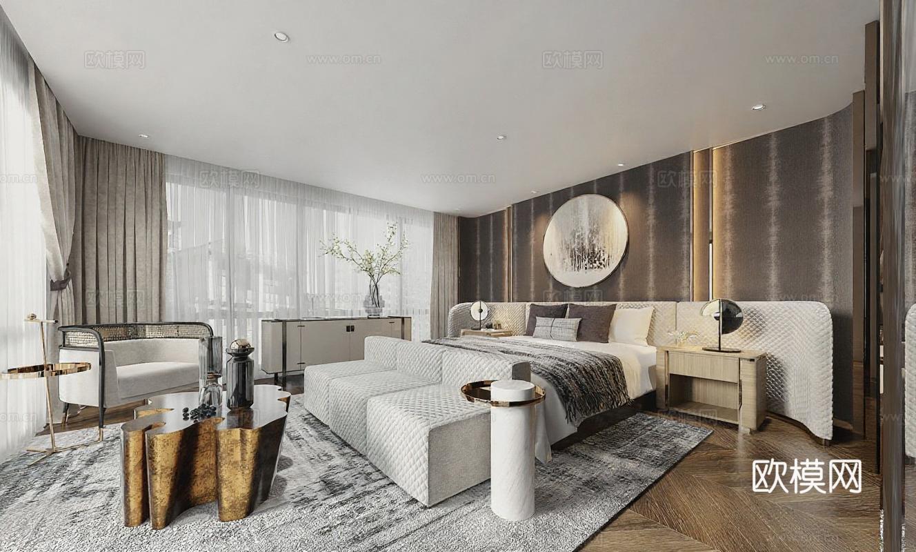 现代奢华卧室设计 高端酒店风3D渲染图 米白深棕家居装饰 金属茶几抽象装饰元素免费3d模型下载