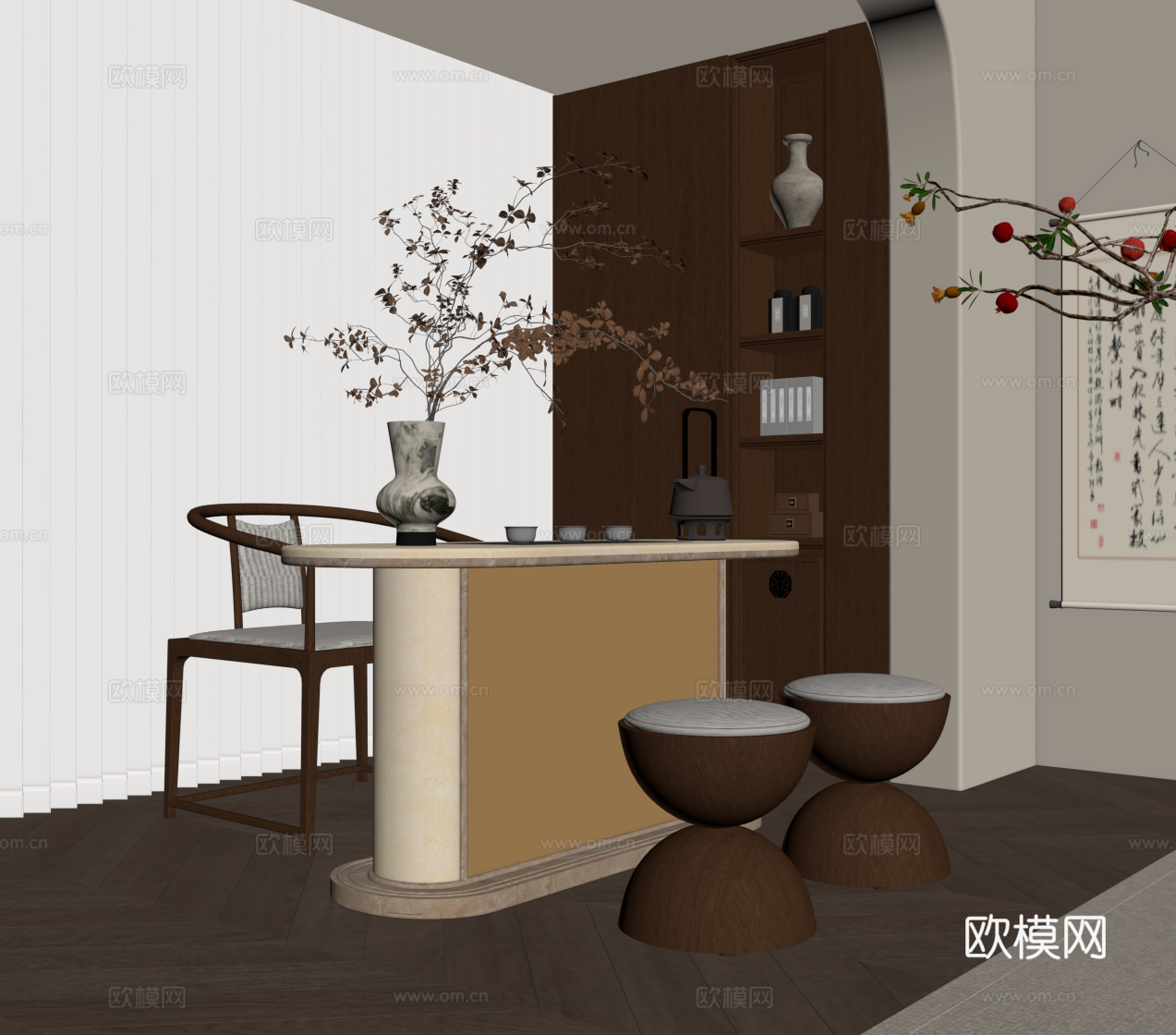 新中式茶桌椅 小茶台su模型