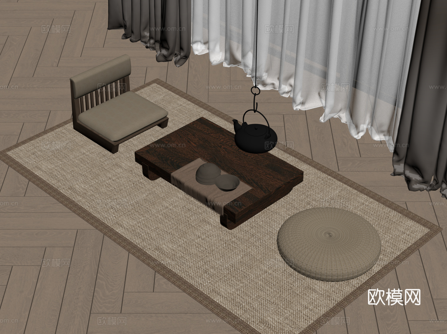 新中式榻榻米茶桌椅su模型