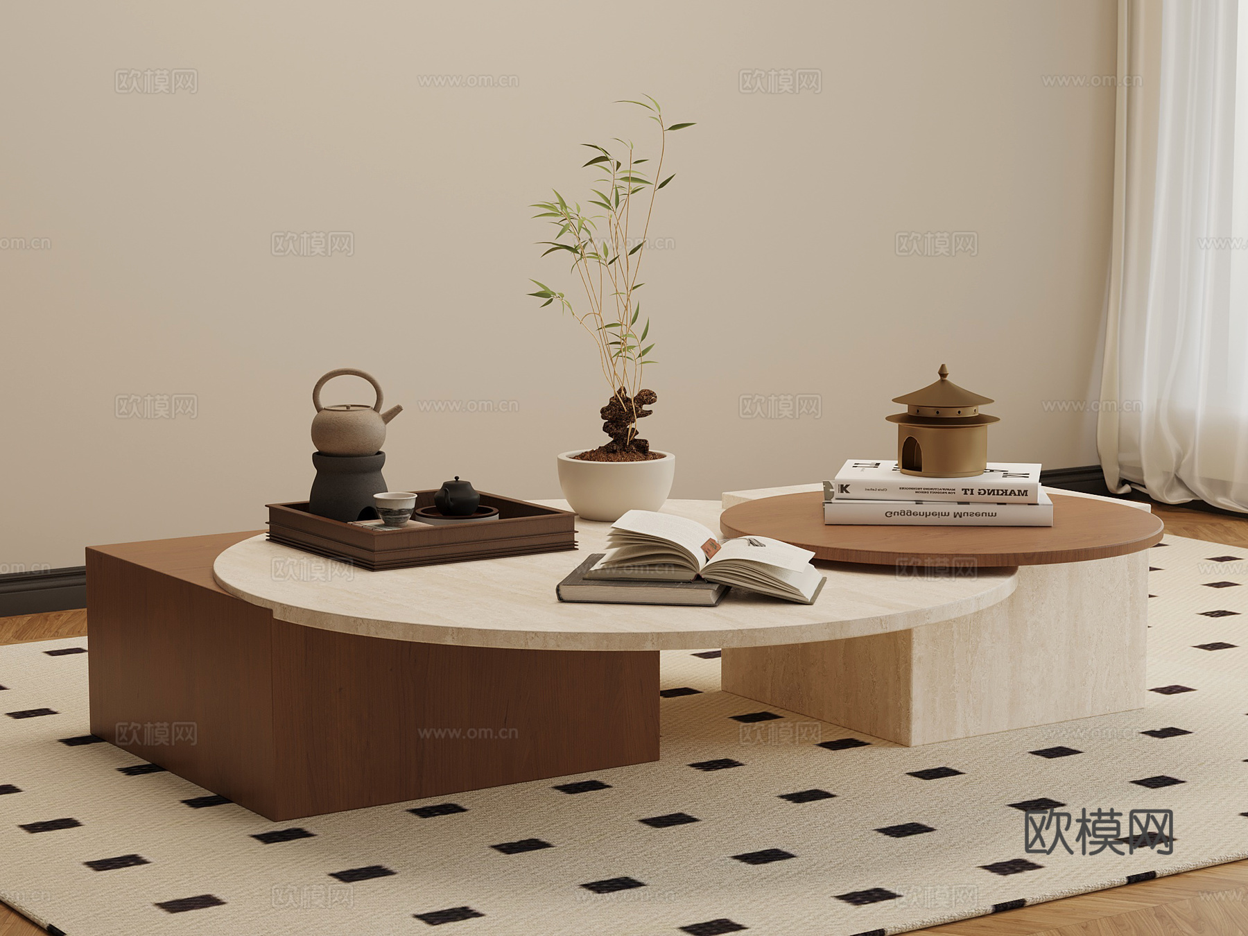 侘寂中古茶几 大理石茶几su模型