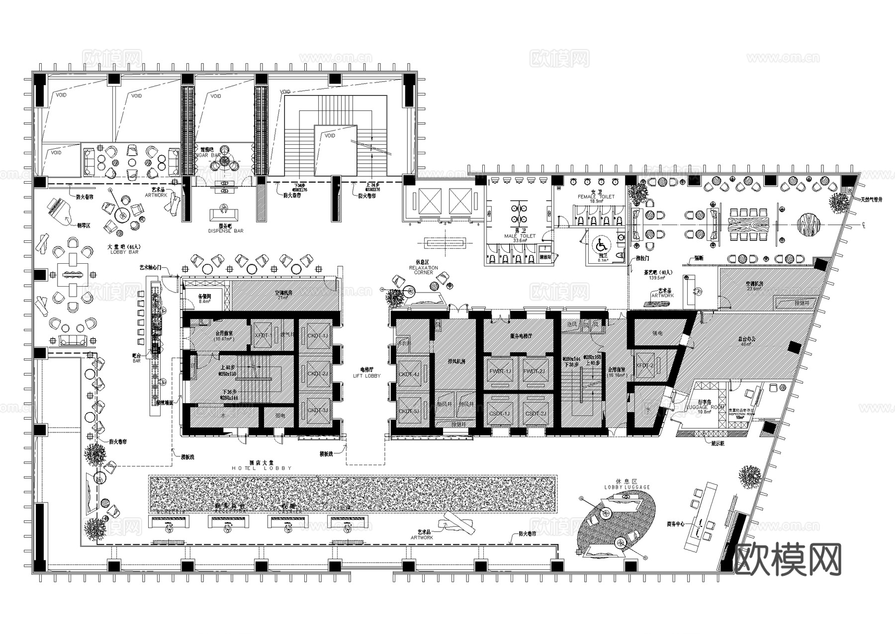 酒店首层大堂餐厅室内工装平面图库CAD施工图集cad施工图