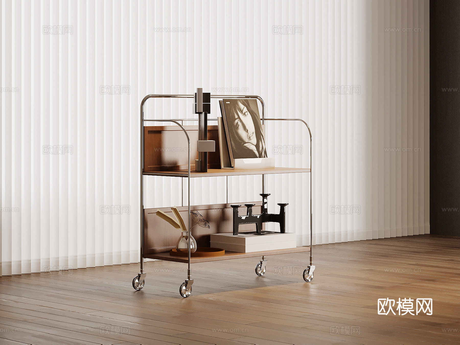 现代中古风边几 小推车su模型