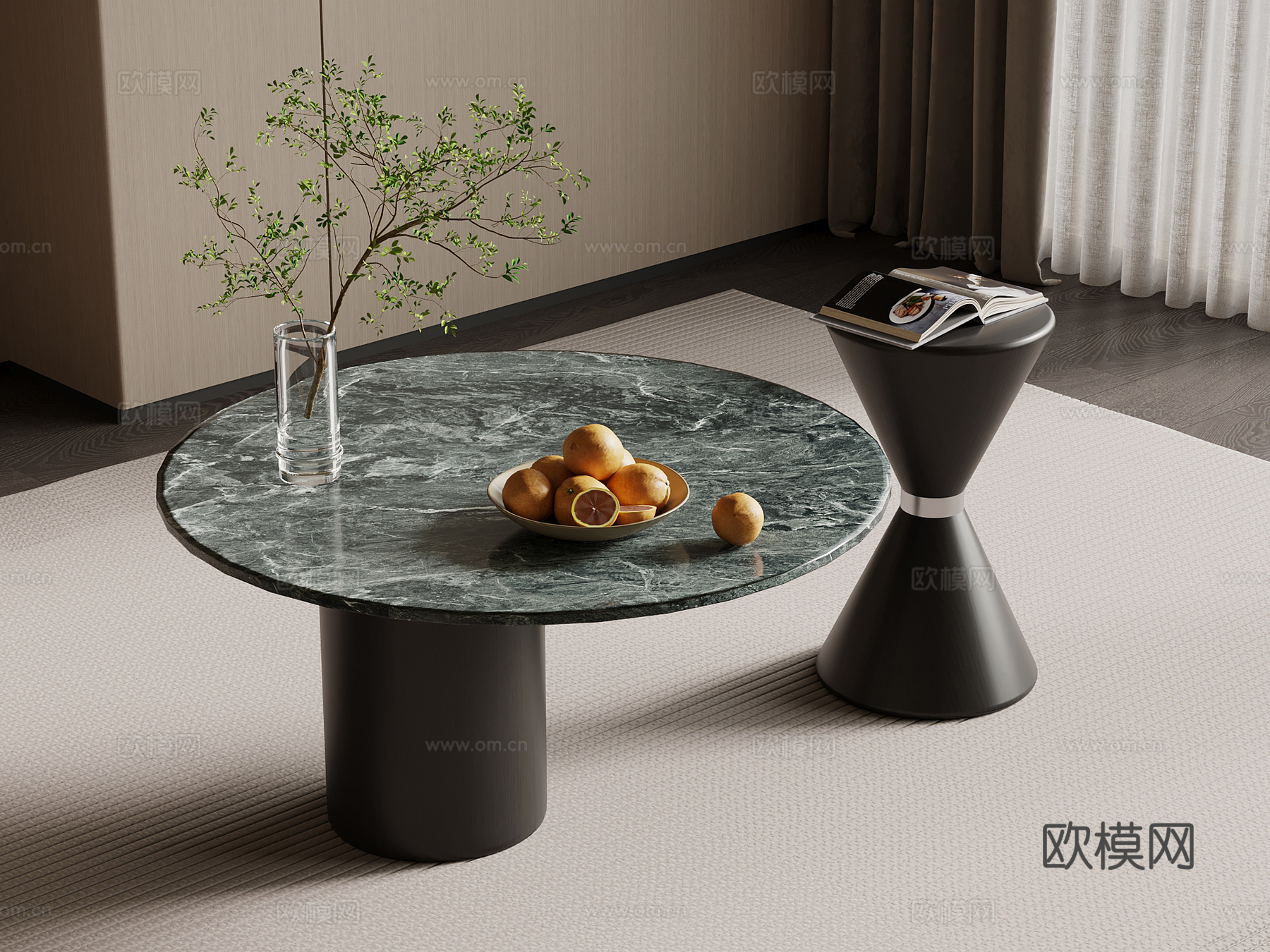 现代意式茶几 圆形茶几 大理石茶几su模型