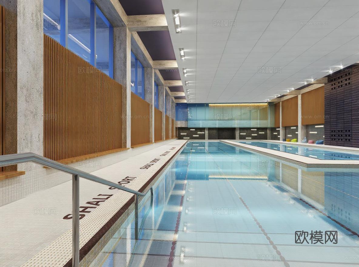 现代化室内游泳馆建筑设计 3D渲染效果图展示 工业风体育设施游泳池设计 功能主义空间布局免费3d模型下载