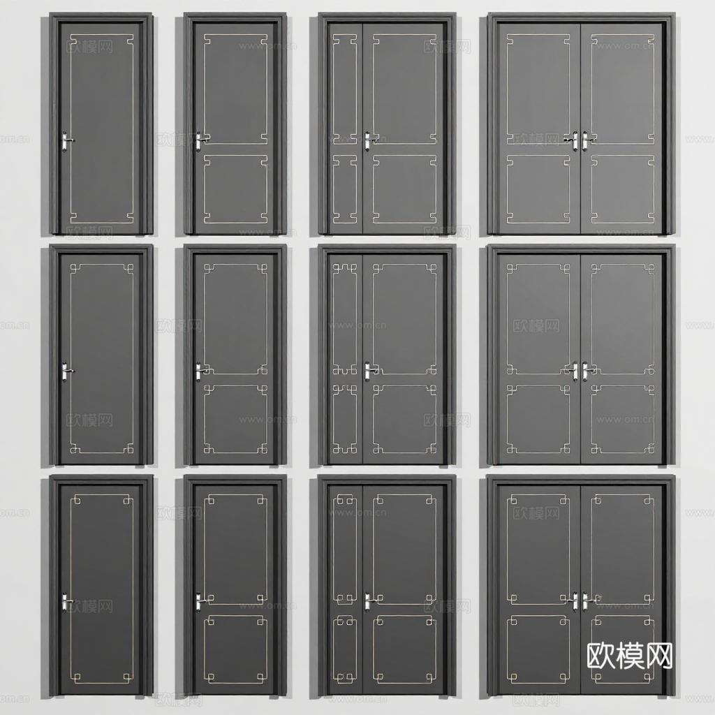 深灰现代简约门类展示 中式几何线条装饰门框 单双开门3D模型免费3d模型下载