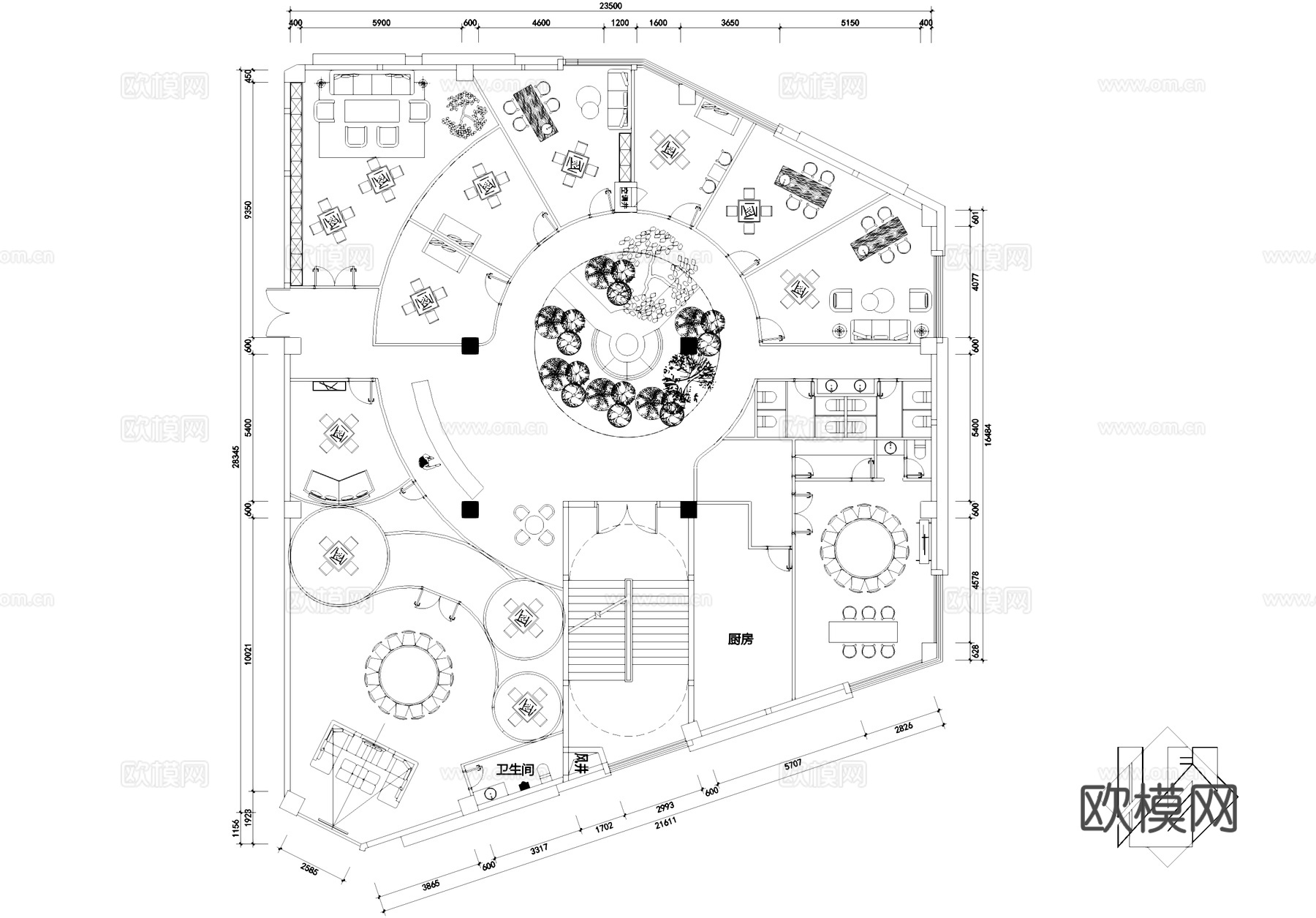会所棋牌室茶室餐厅室内工装平面图cad施工图