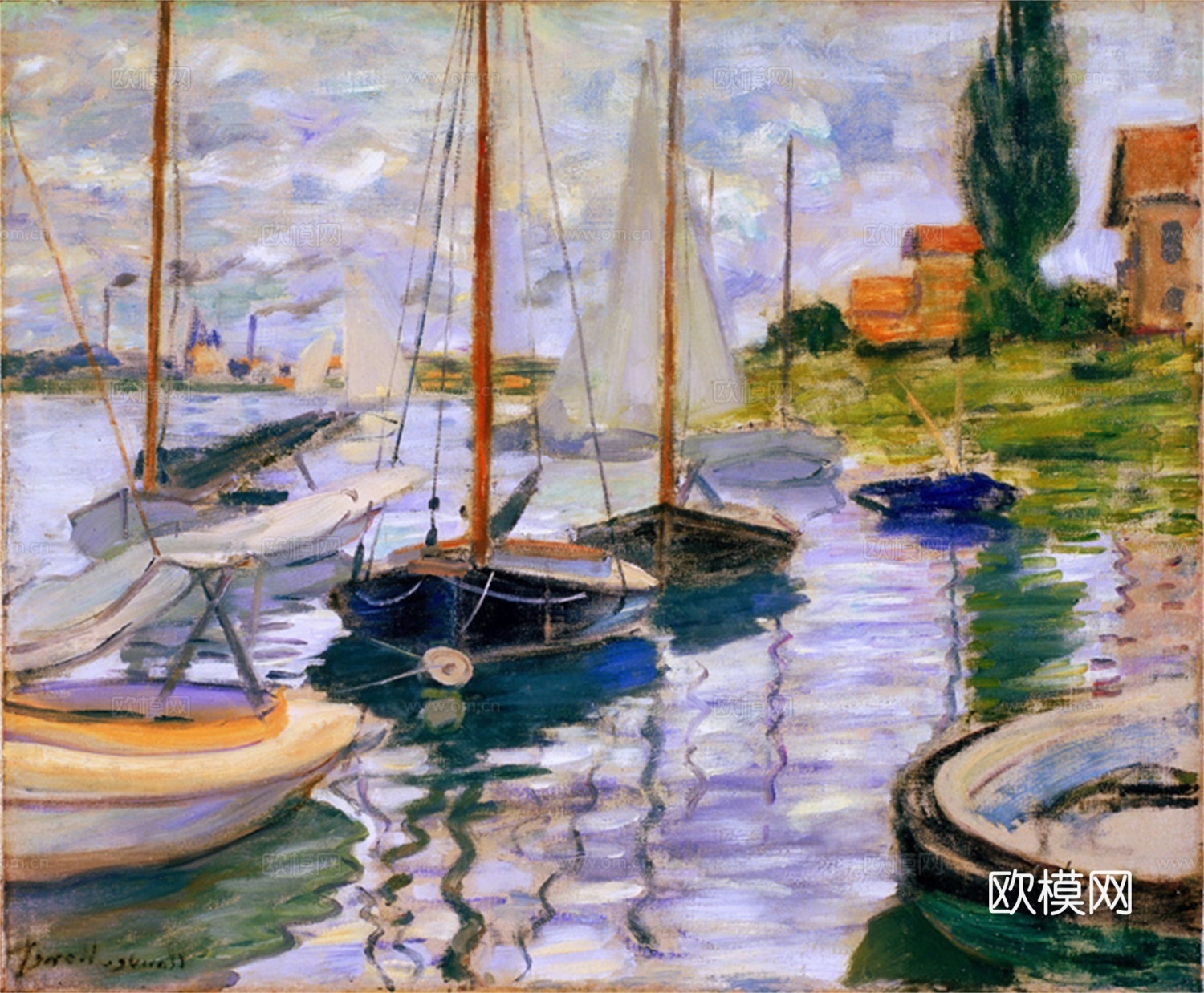 莫奈印象派绘画作品，世界经典名画34塞纳河边的帆船 美国旧金