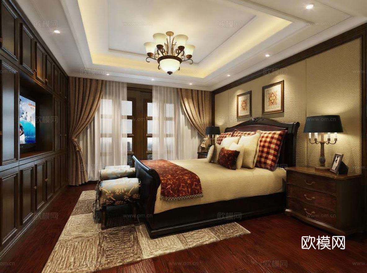 欧式古典奢华卧室设计 高端家居3D渲染效果图 复古吊灯木质装饰典雅空间免费3d模型下载