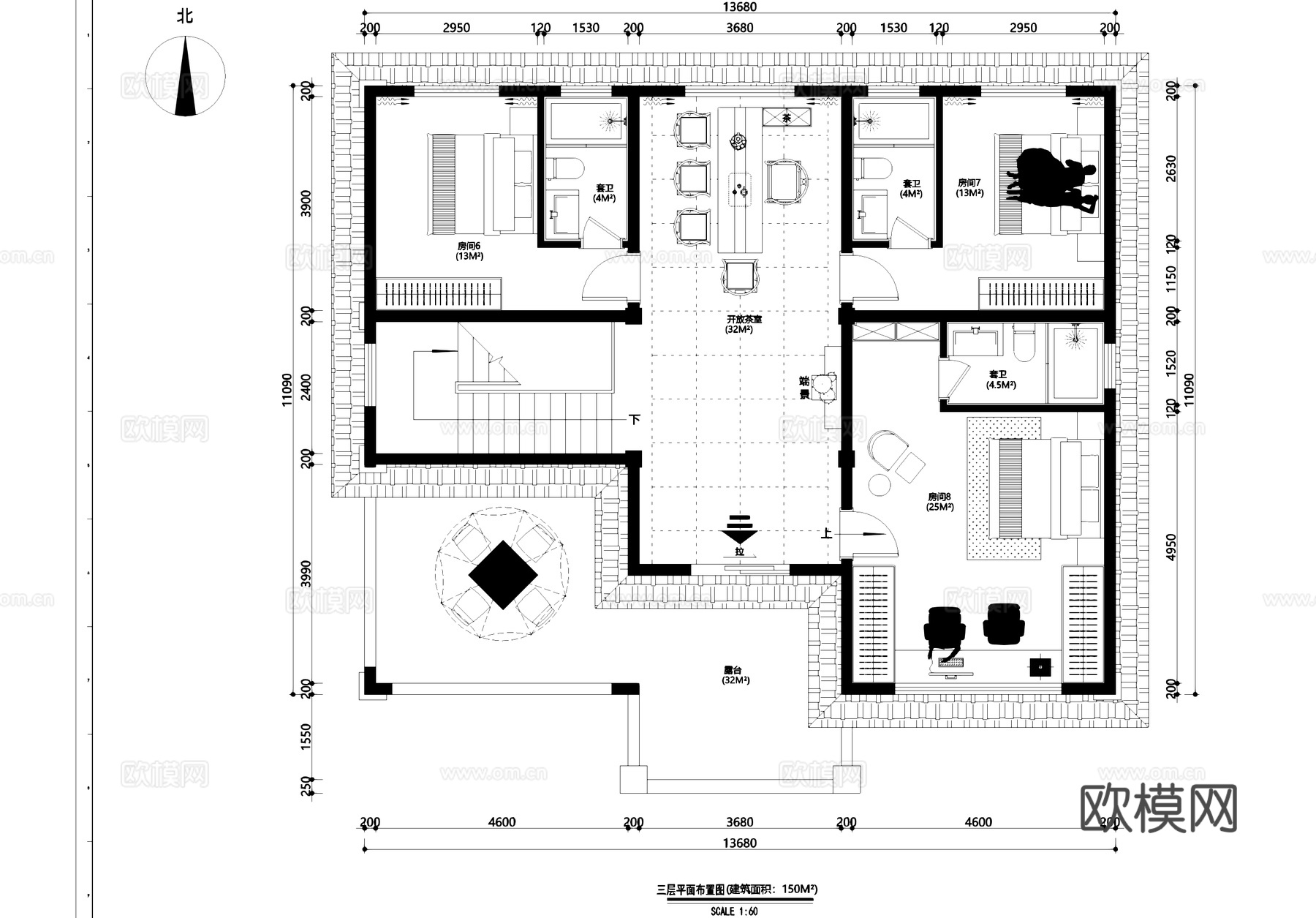 三层别墅室内家装平面图CAD施工图cad施工图