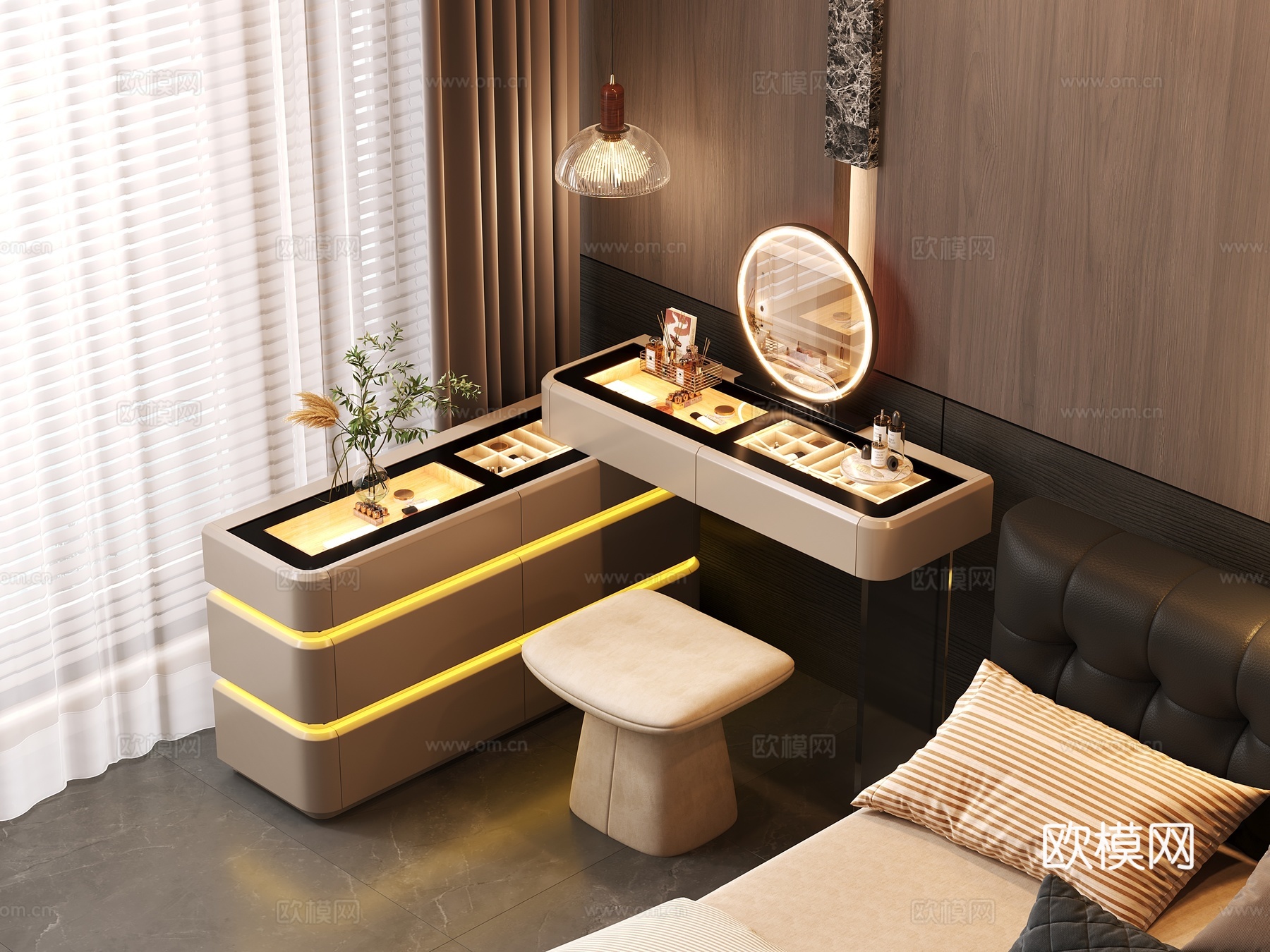 现代风格卧室 家具梳妆台 灯光齐全3d模型下载
