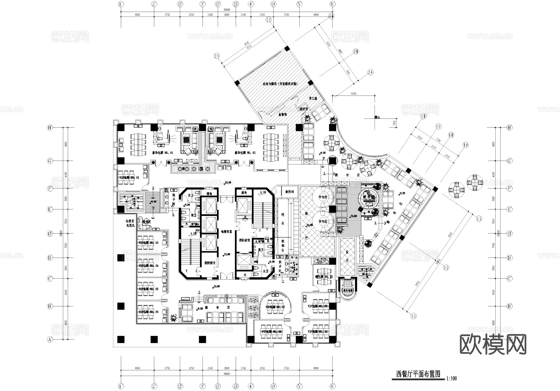 西餐厅散座包厢室内工装平面图CAD施工图cad施工图