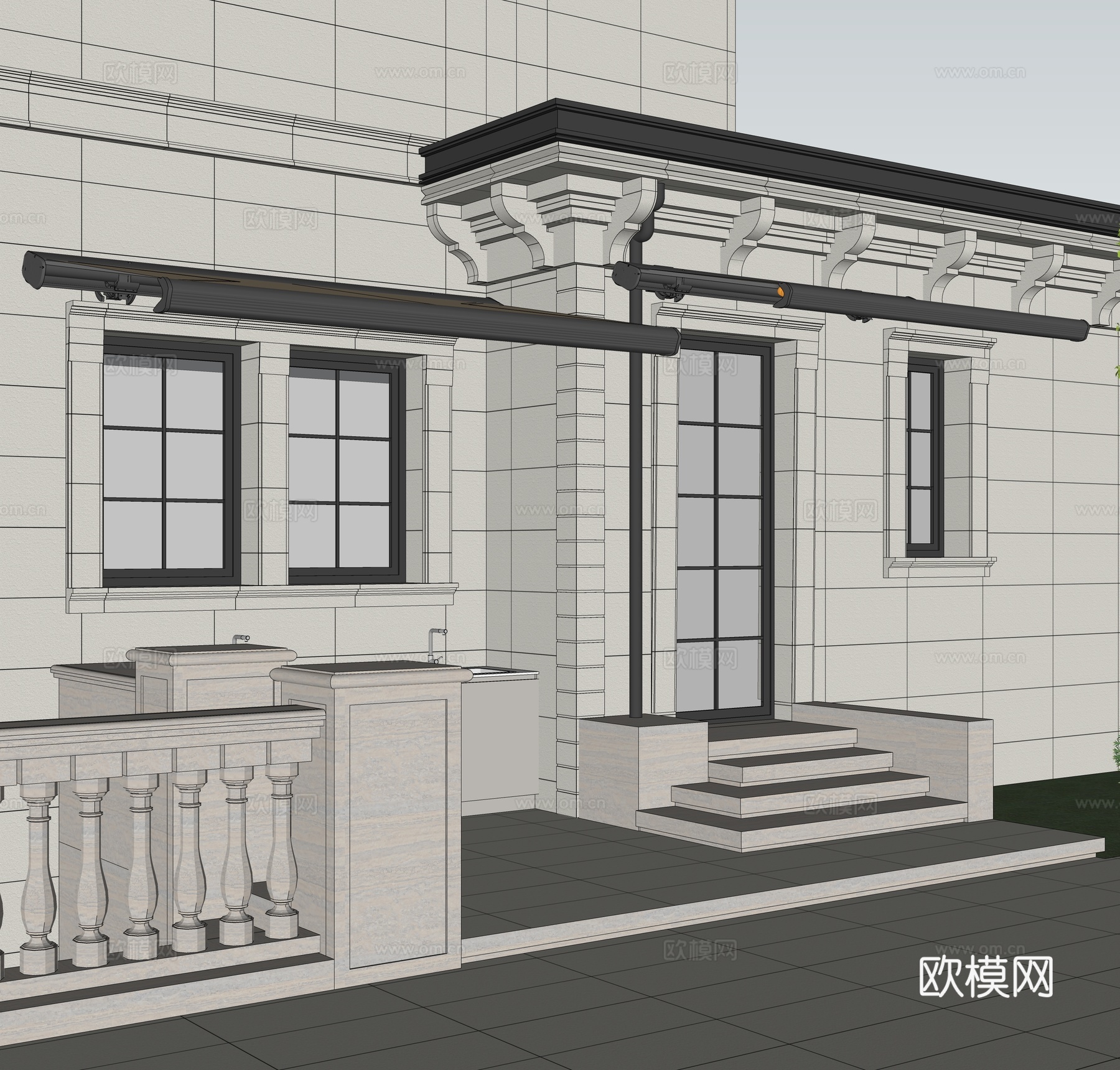 现代 法式建筑 门窗 户外智能电动遮阳篷su模型